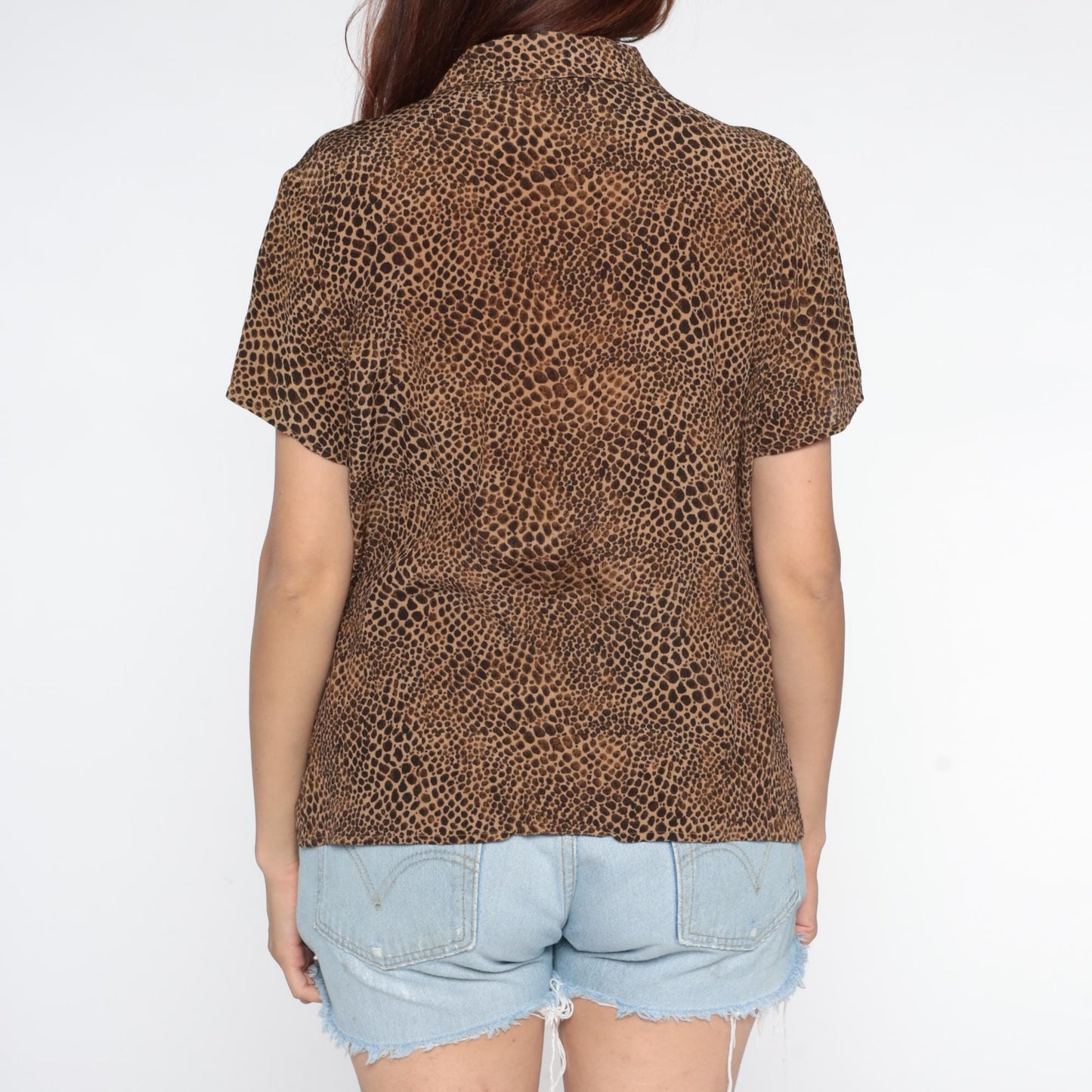 90s Leopard Print Button-Up Blouse Beige Brown Collared Short Sleeve Large L