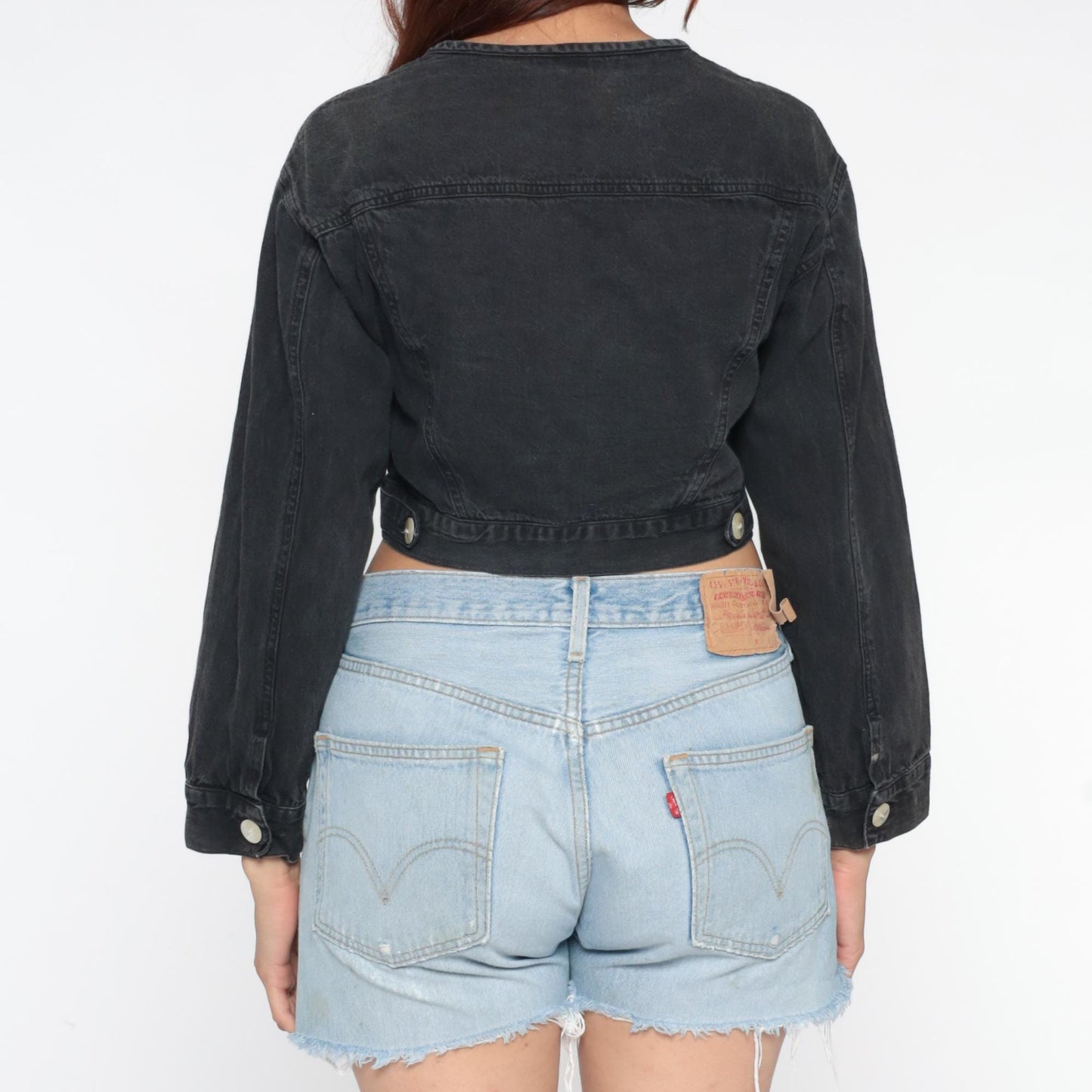 80s Black Denim Jacket Cropped Fitted Collarless Bleach Distressed Small S