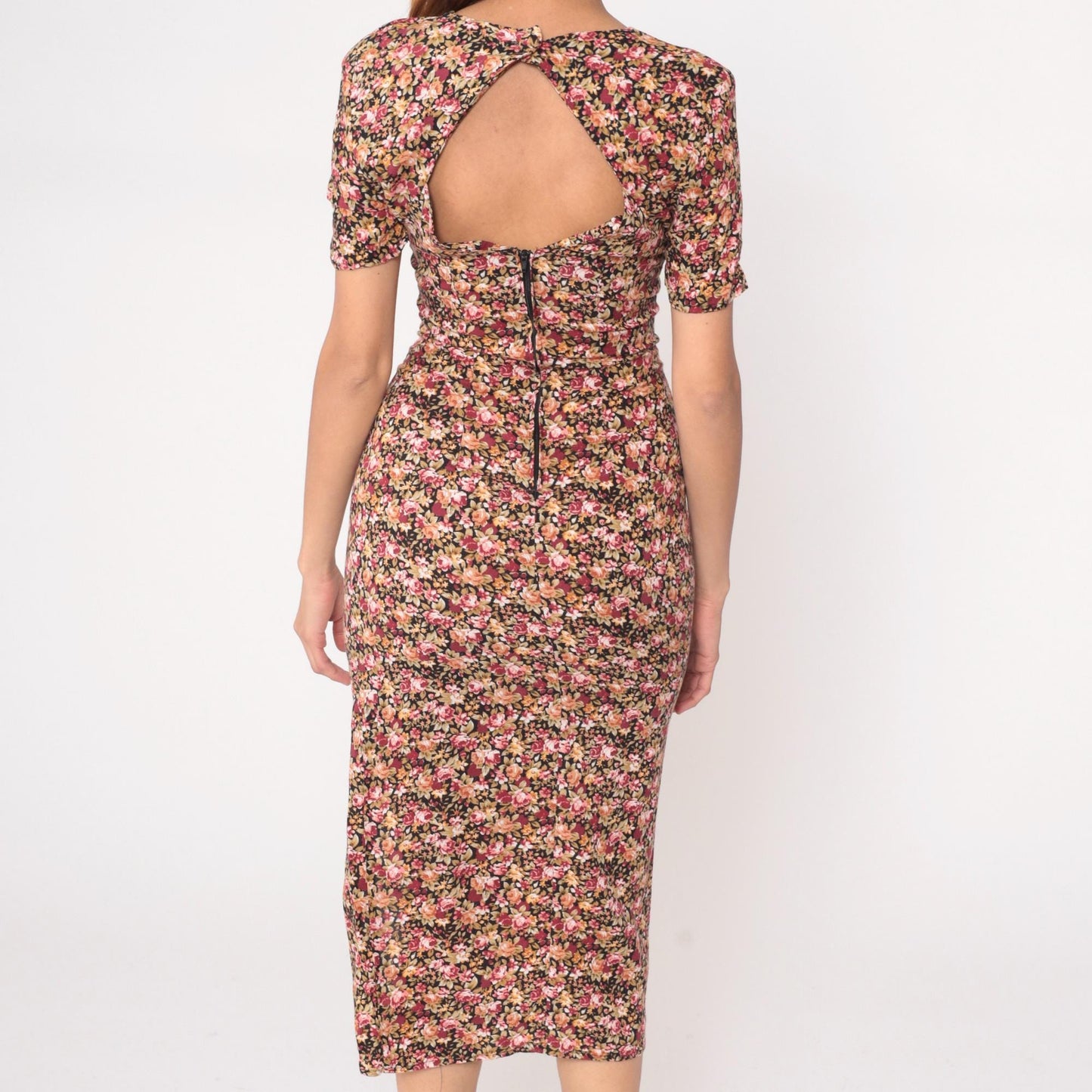 90s Floral Midi Dress Sweetheart Neckline Lace Trim Black Pink Small S