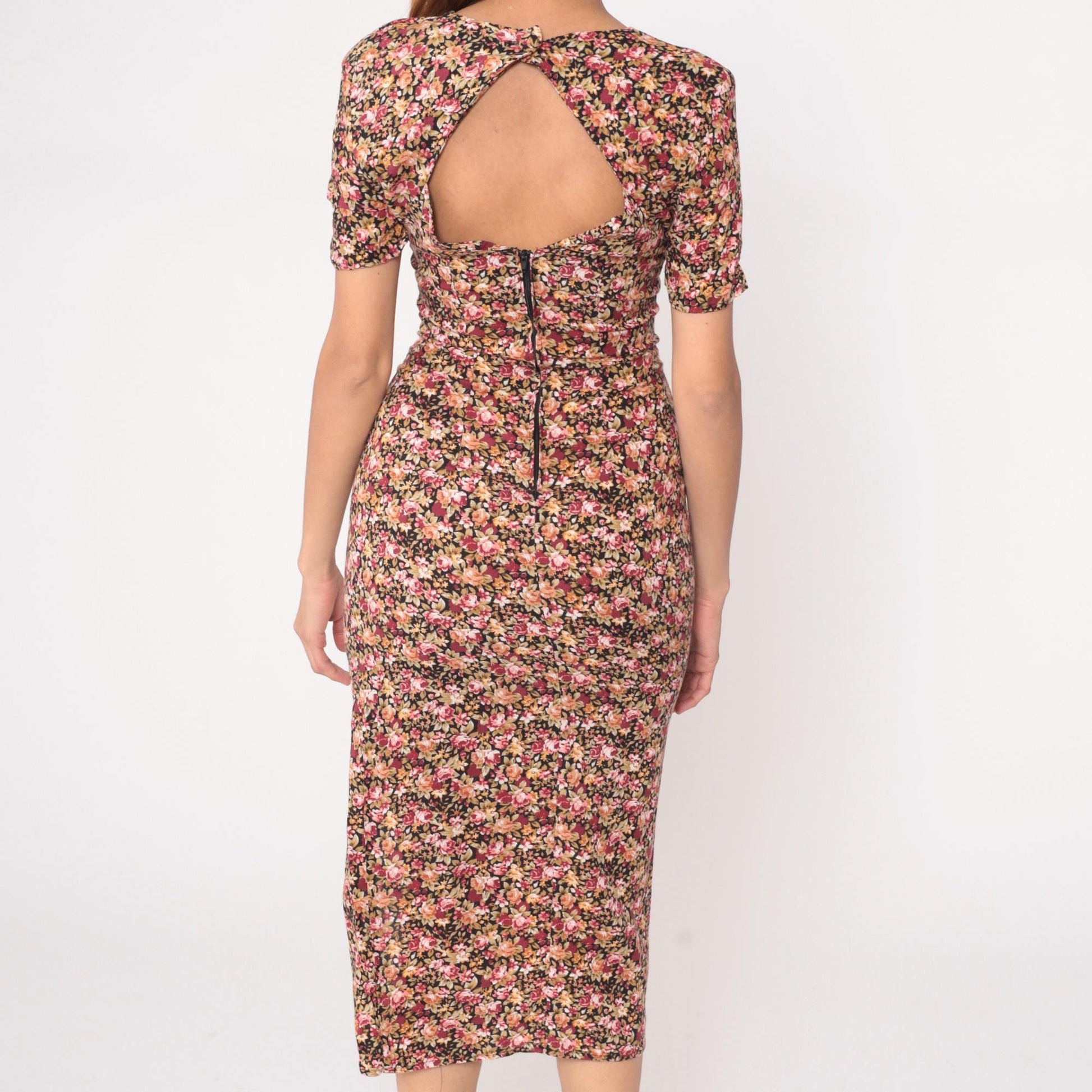 90s Floral Midi Dress Sweetheart Neckline Lace Trim Black Pink Small S