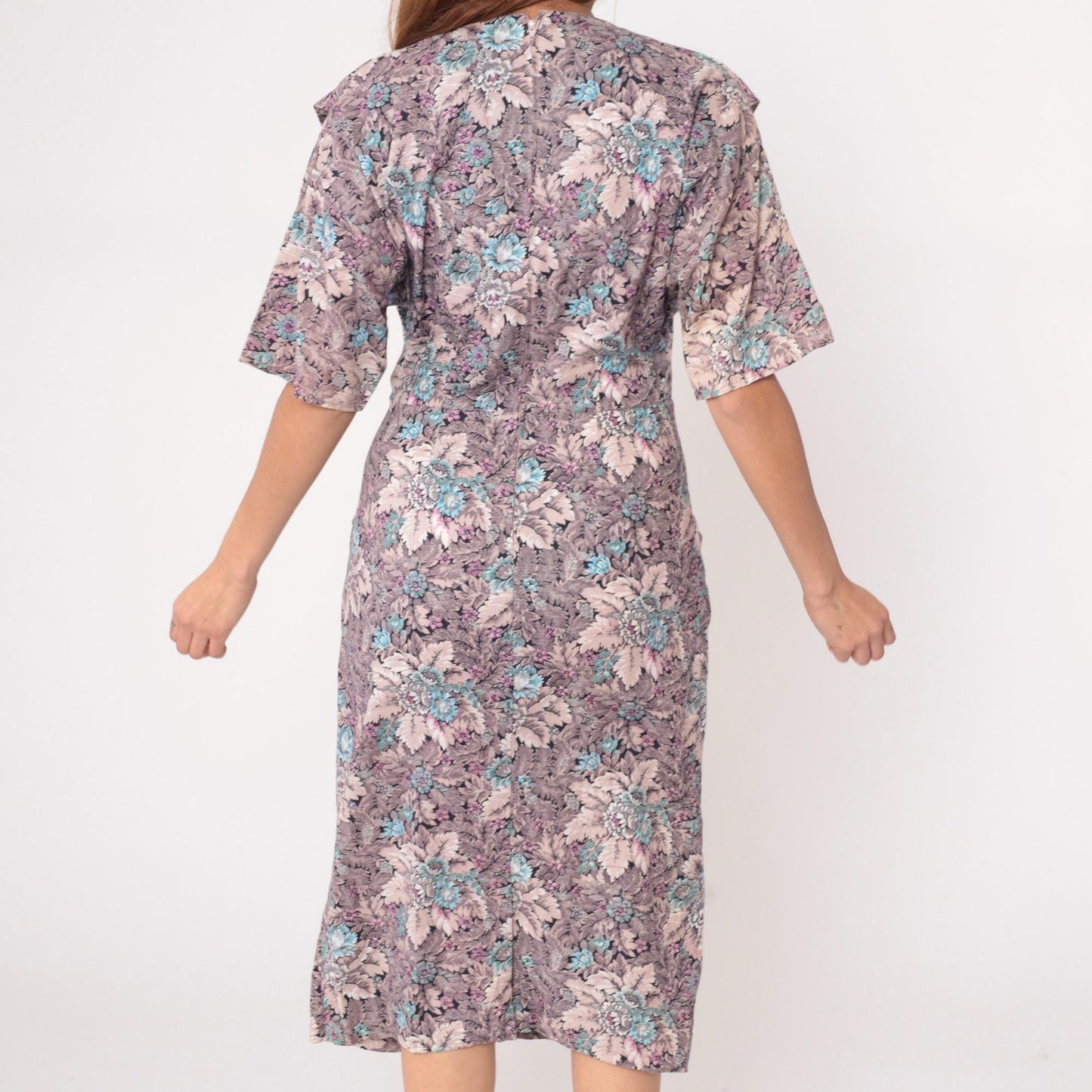 90s Pea Patch Floral Knee-Length Dress V-Neck Cotton Grey Medium