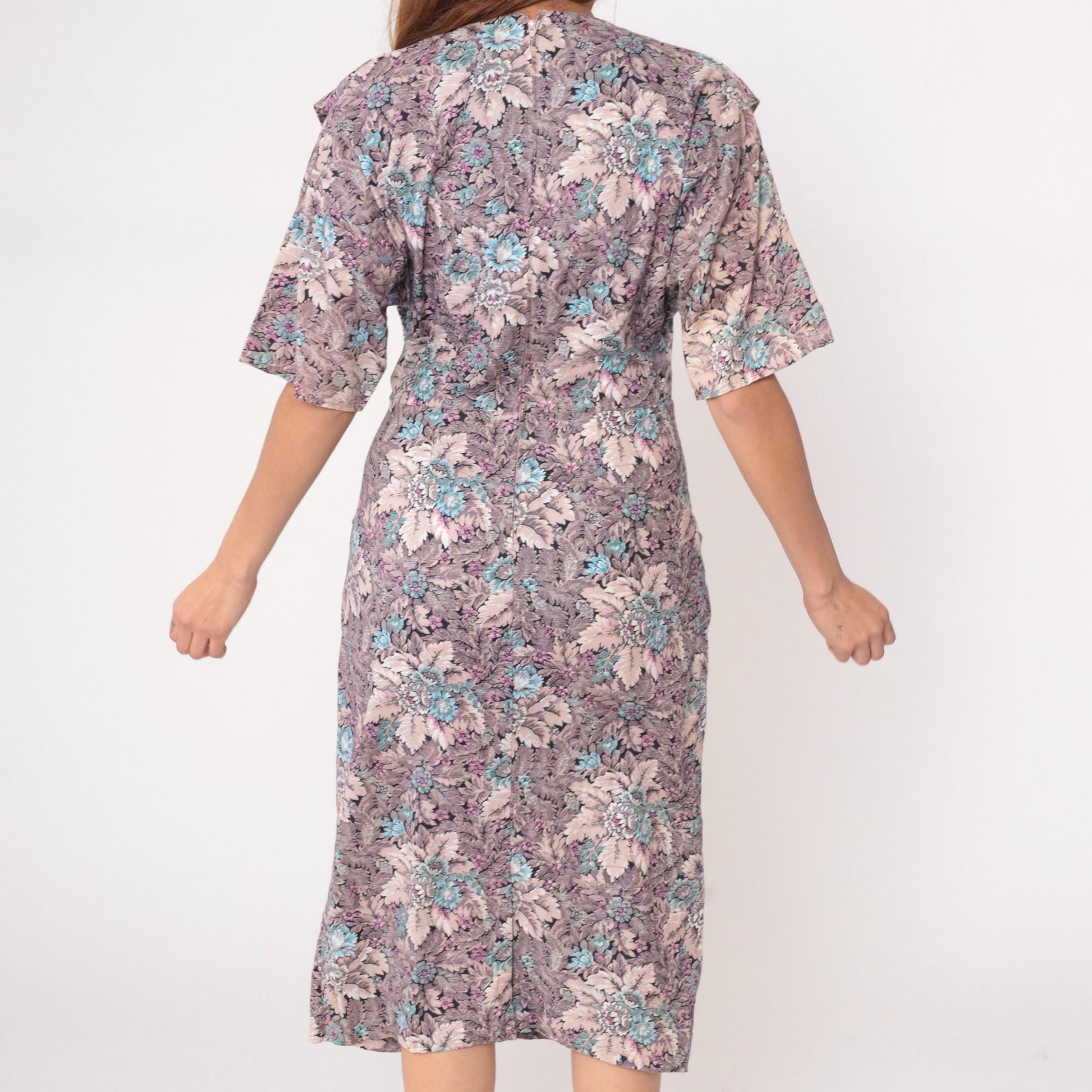 90s Pea Patch Floral Knee-Length Dress V-Neck Cotton Grey Medium