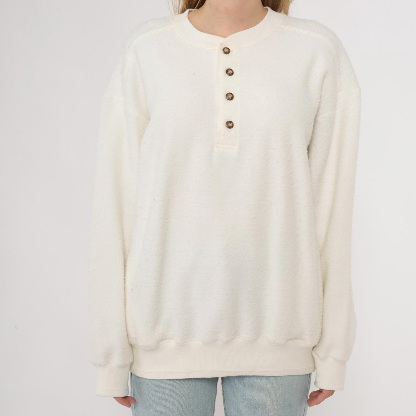 80s Claybrooke Sport White Henley Reverse Weave Cotton Sweatshirt Small S