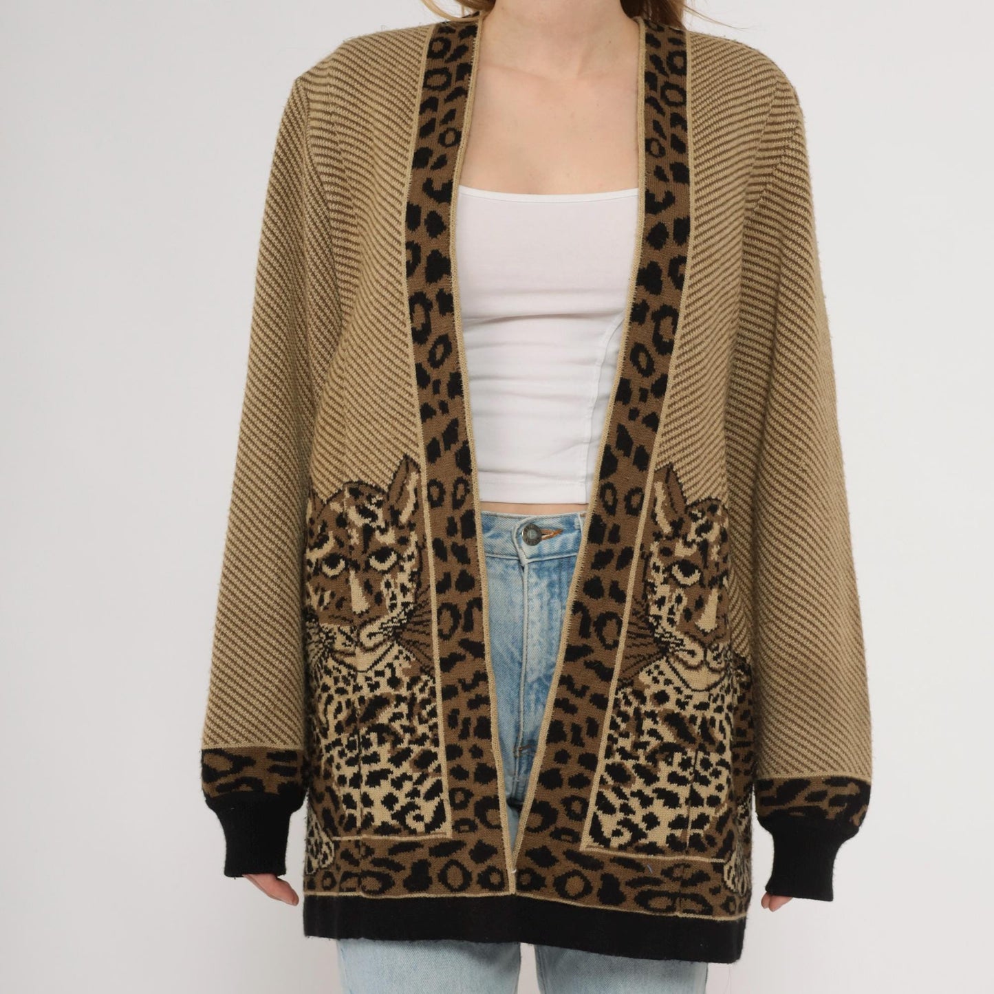 80s Romaye Leopard Cardigan Tan Striped Wool Blend Small S