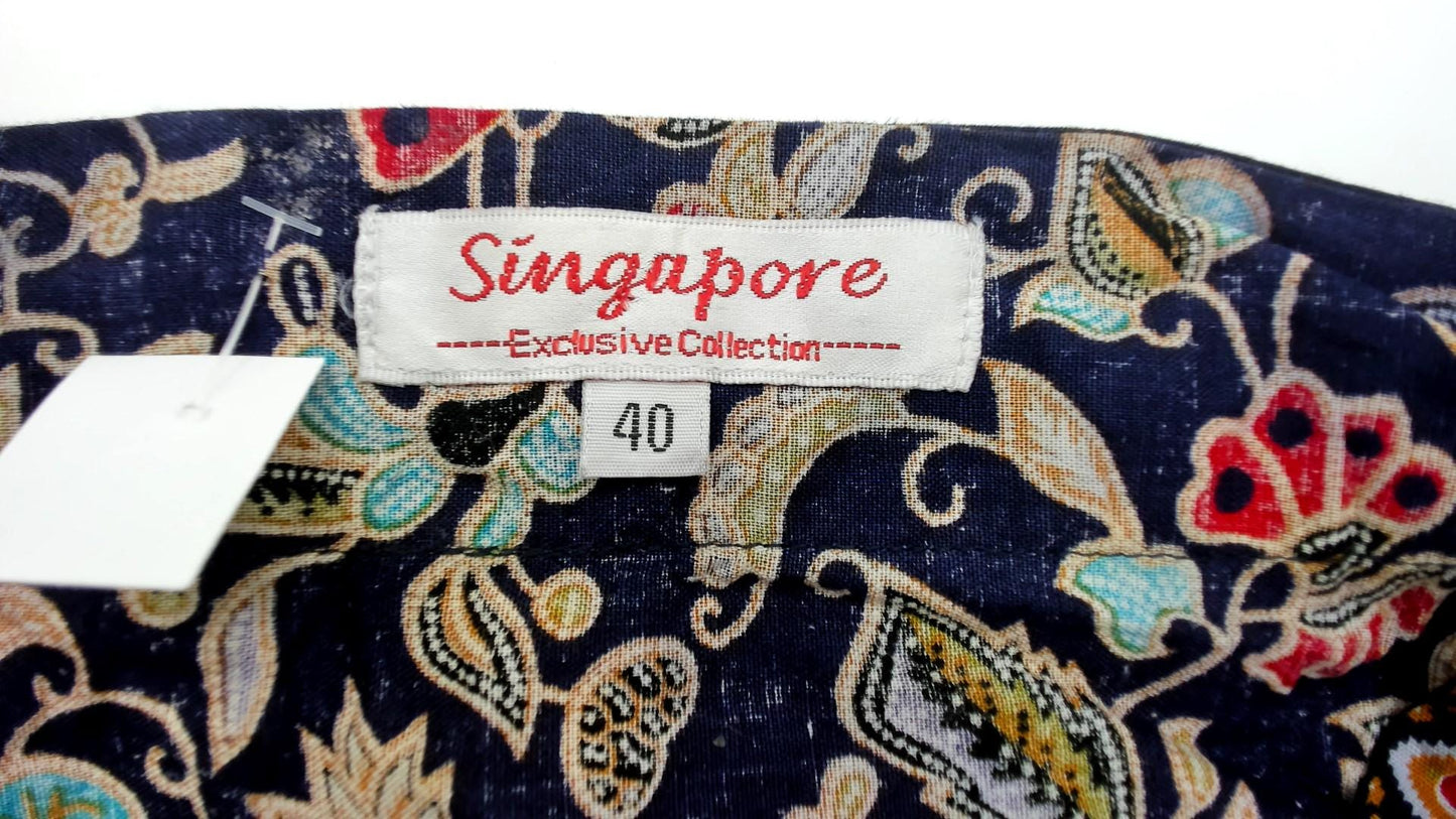90s Navy Floral Paisley Cotton Blouse Geometric Trim Three Quarter Sleeve Small S
