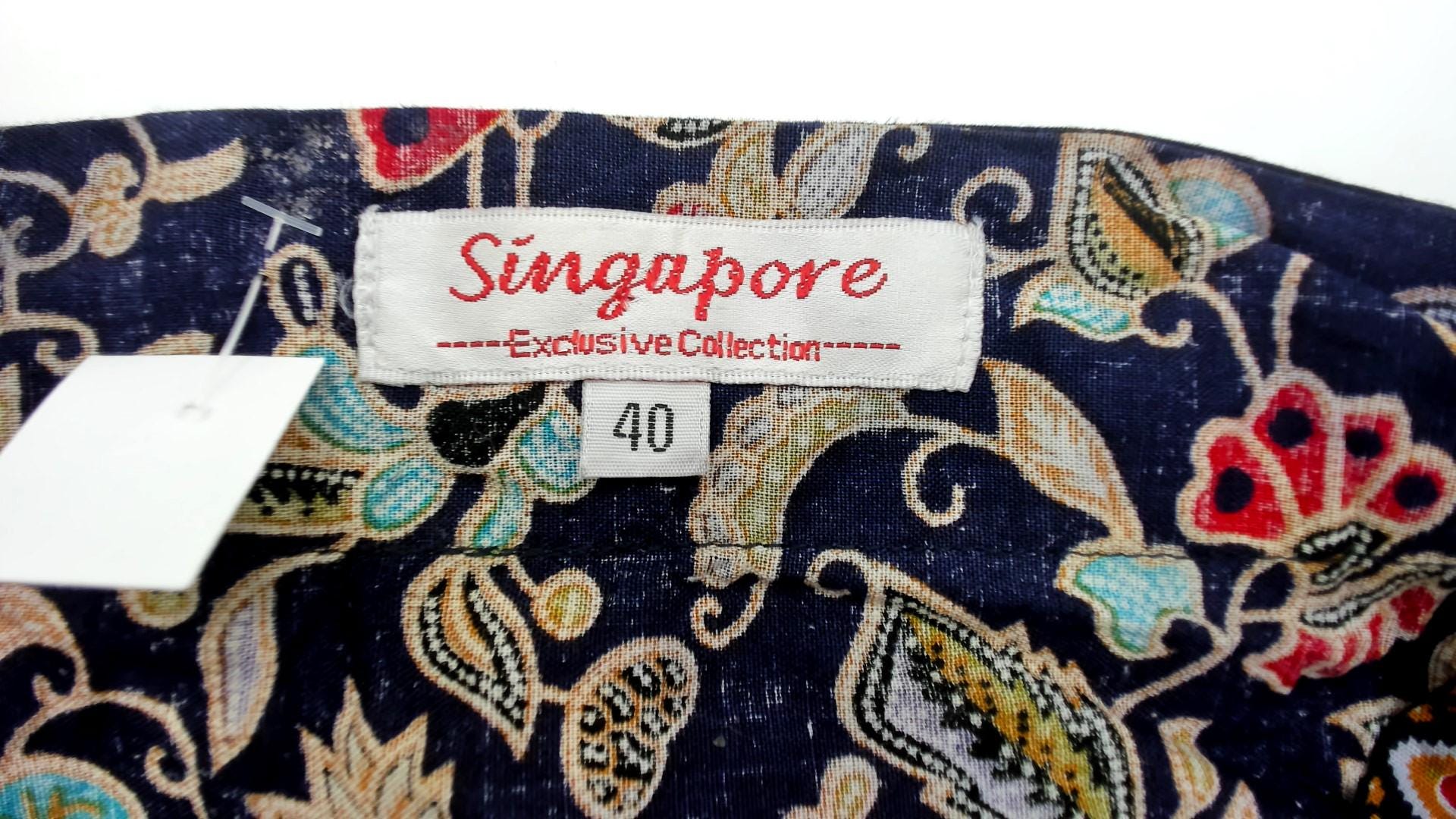 90s Navy Floral Paisley Cotton Blouse Geometric Trim Three Quarter Sleeve Small S