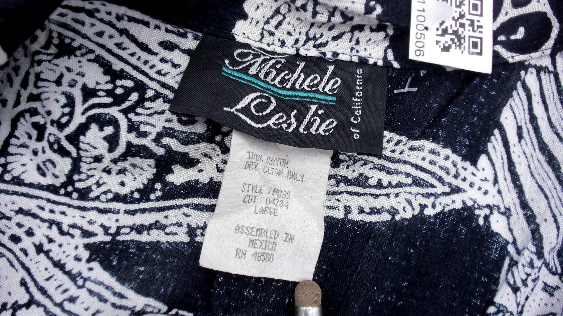 90s Michele Leslie Geometric Abstract Button Shirt Black White Rayon Large L