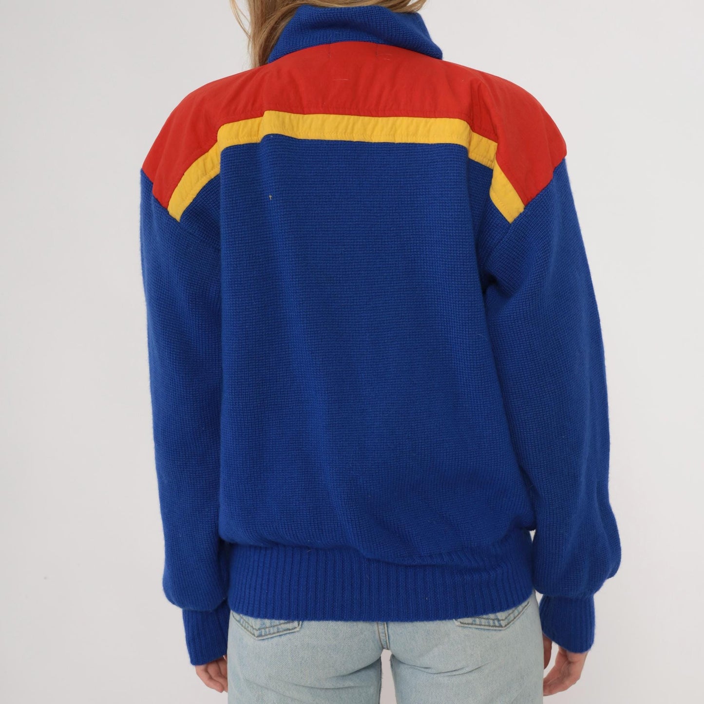 80s Slalom Colorblock Half Zip Wool Sweater Blue Red Yellow Men's Small