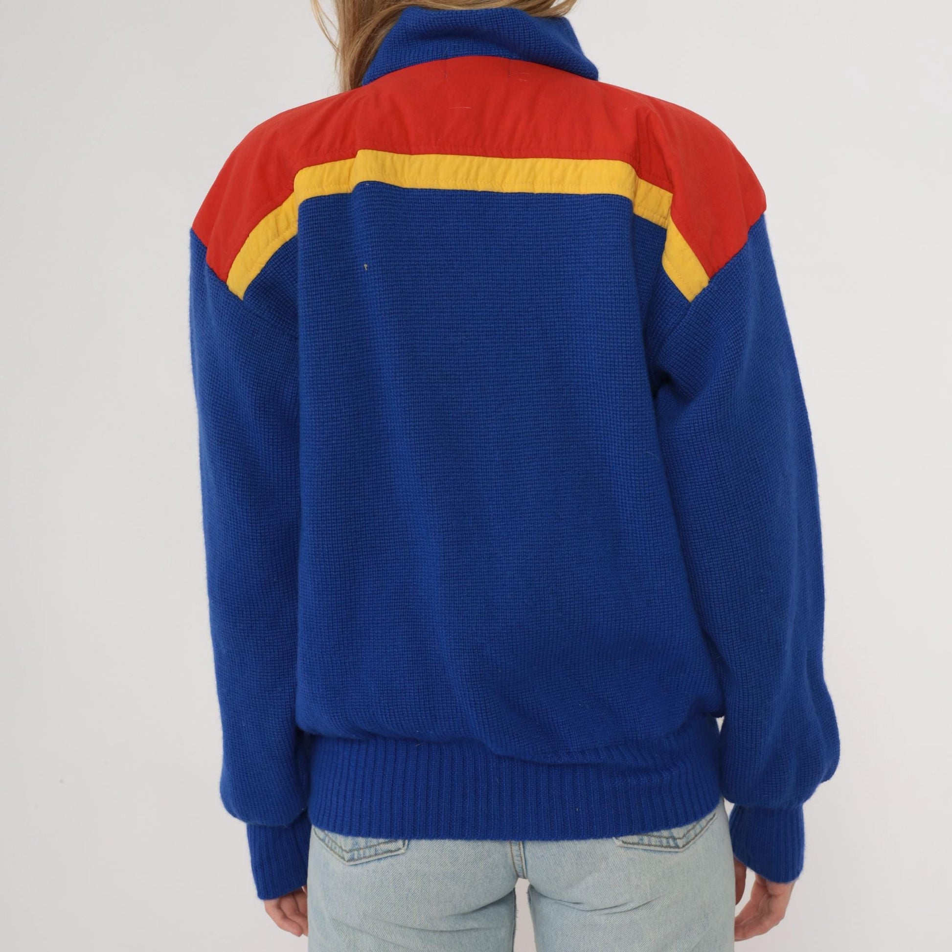 80s Slalom Colorblock Half Zip Wool Sweater Blue Red Yellow Men's Small