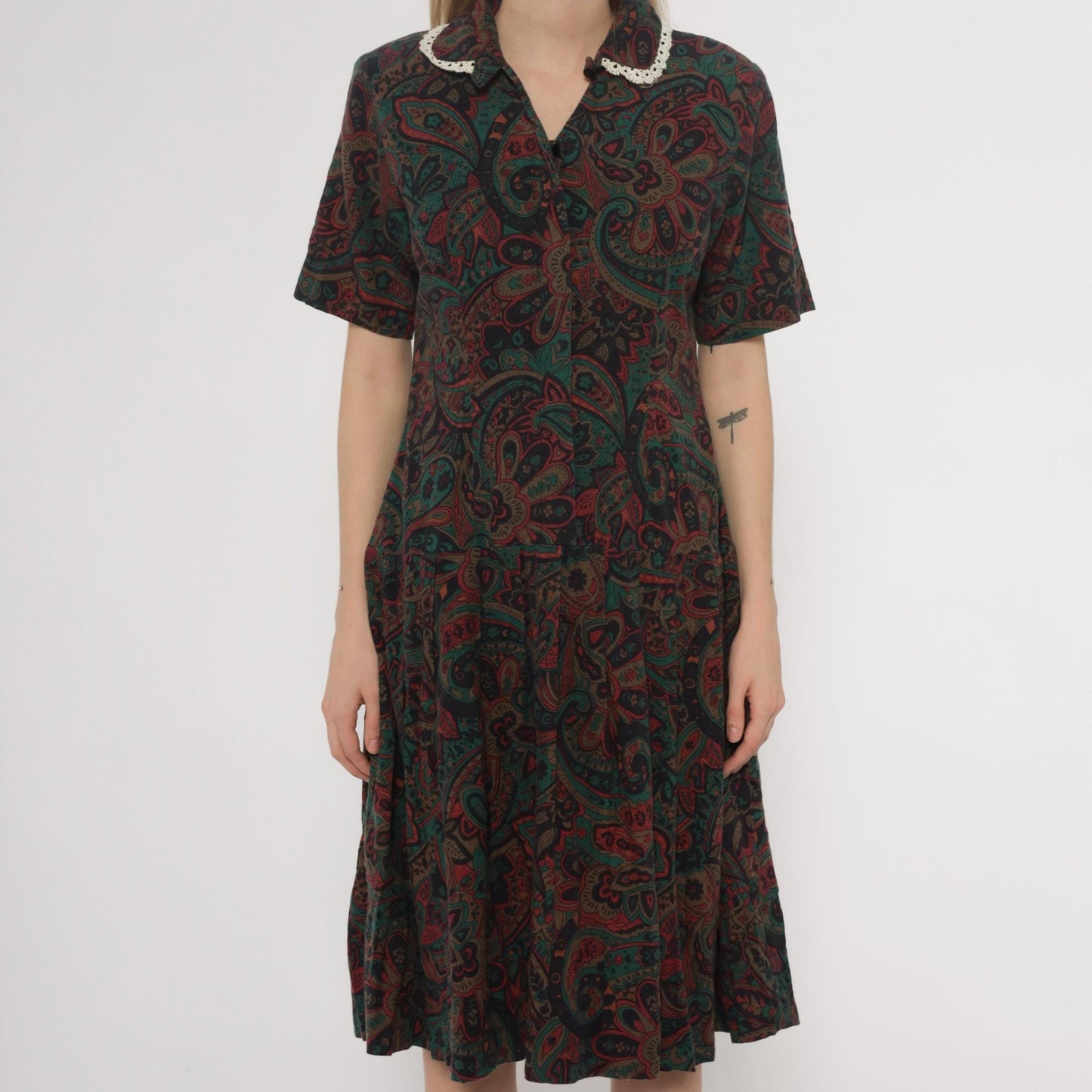 70s Paisley Dress Burgundy Green Brown Crochet Collar Knee Length Medium