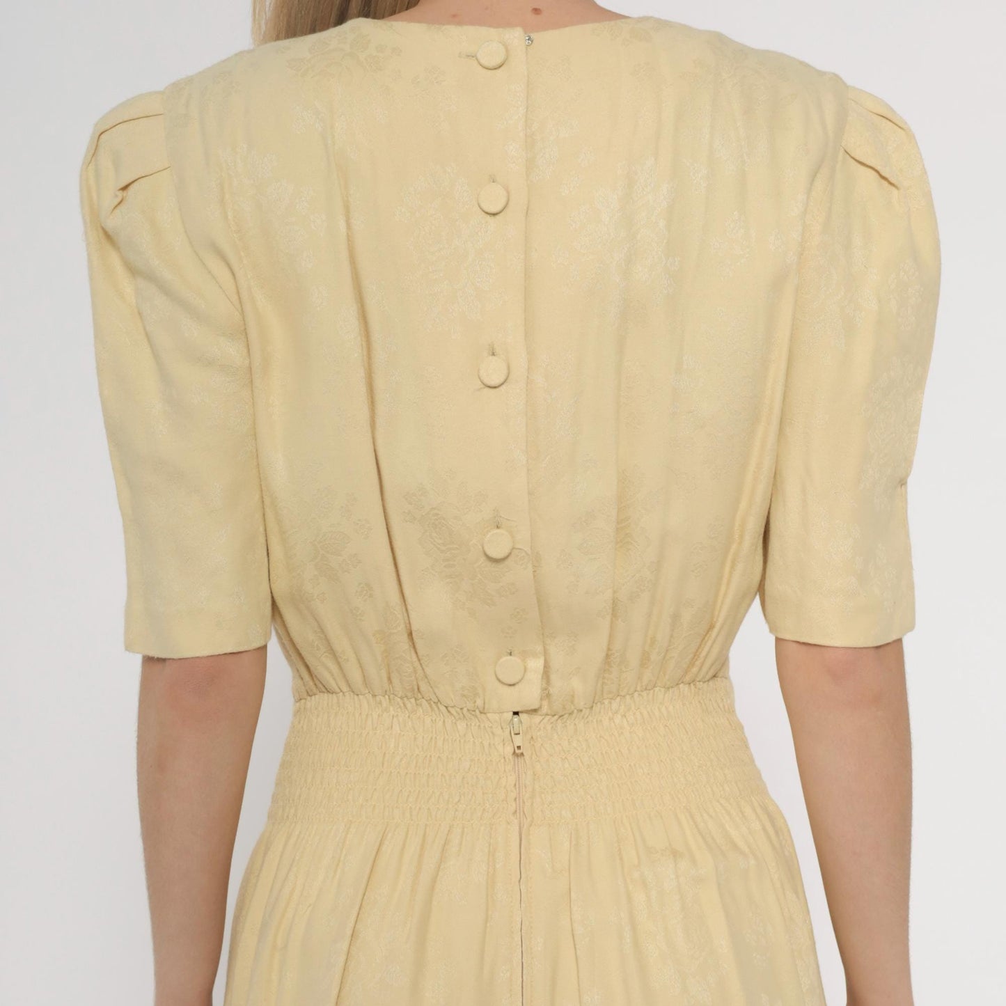 90s Karin Stevens Yellow Maxi Dress Embroidered Lace Smocked Waist Small