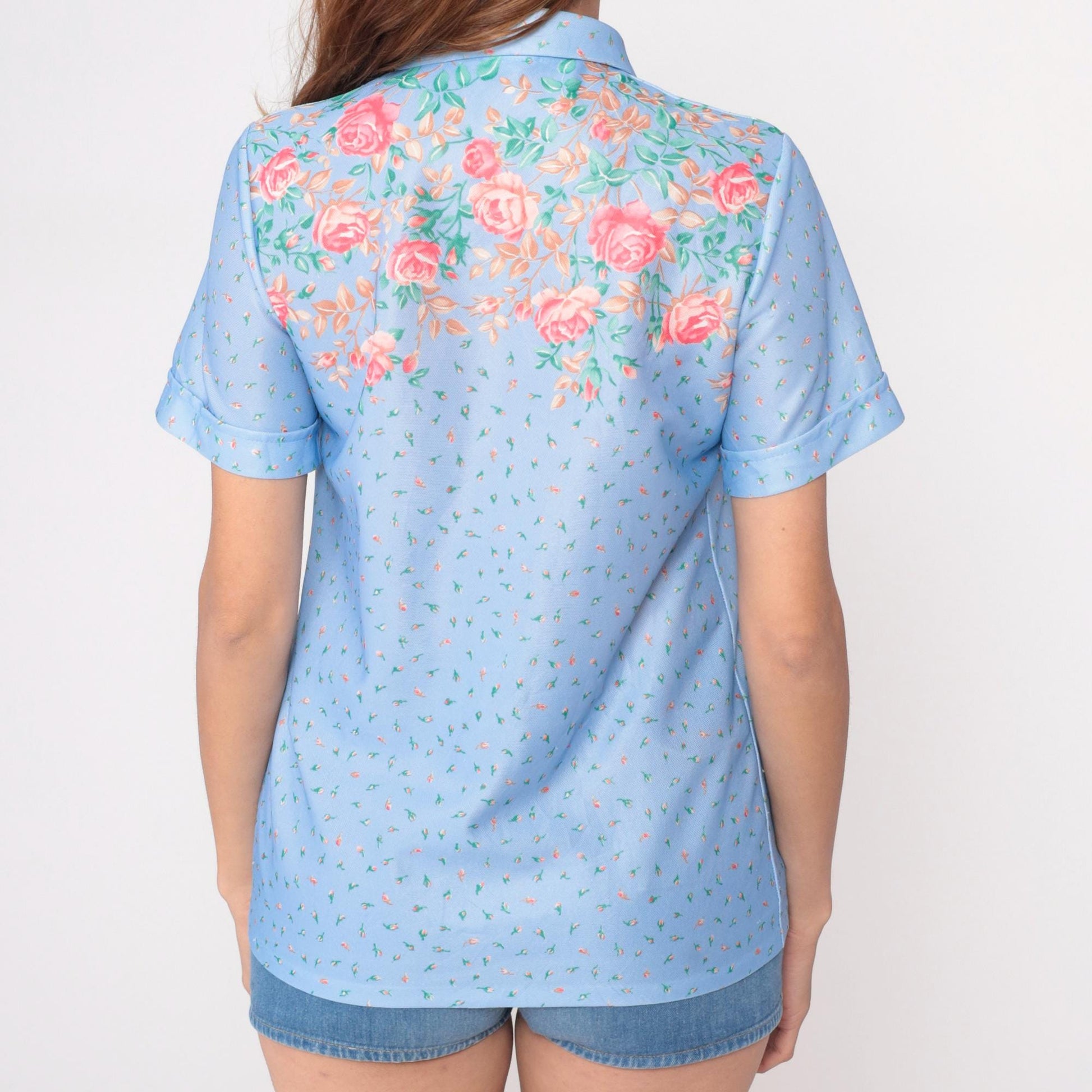 70s Light Blue Floral Shirt Pink Roses Button Up Short Sleeve Medium