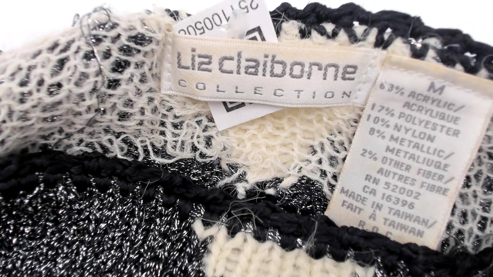 80s Liz Claiborne Diamond Harlequin Sweater Black White Metallic Medium