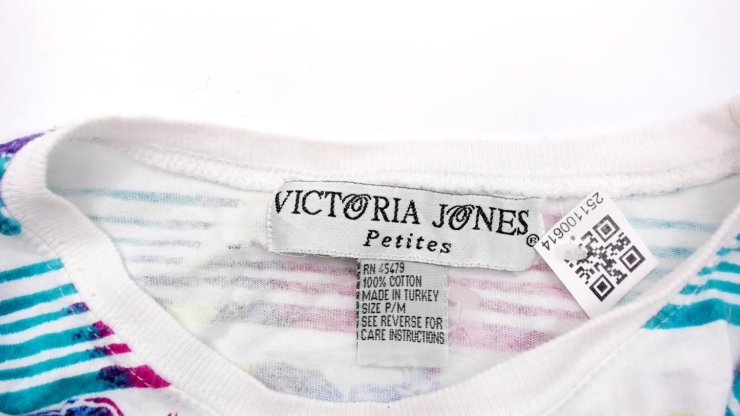 90s Victoria Jones Tropical Floral Striped Cotton Tee White Medium M