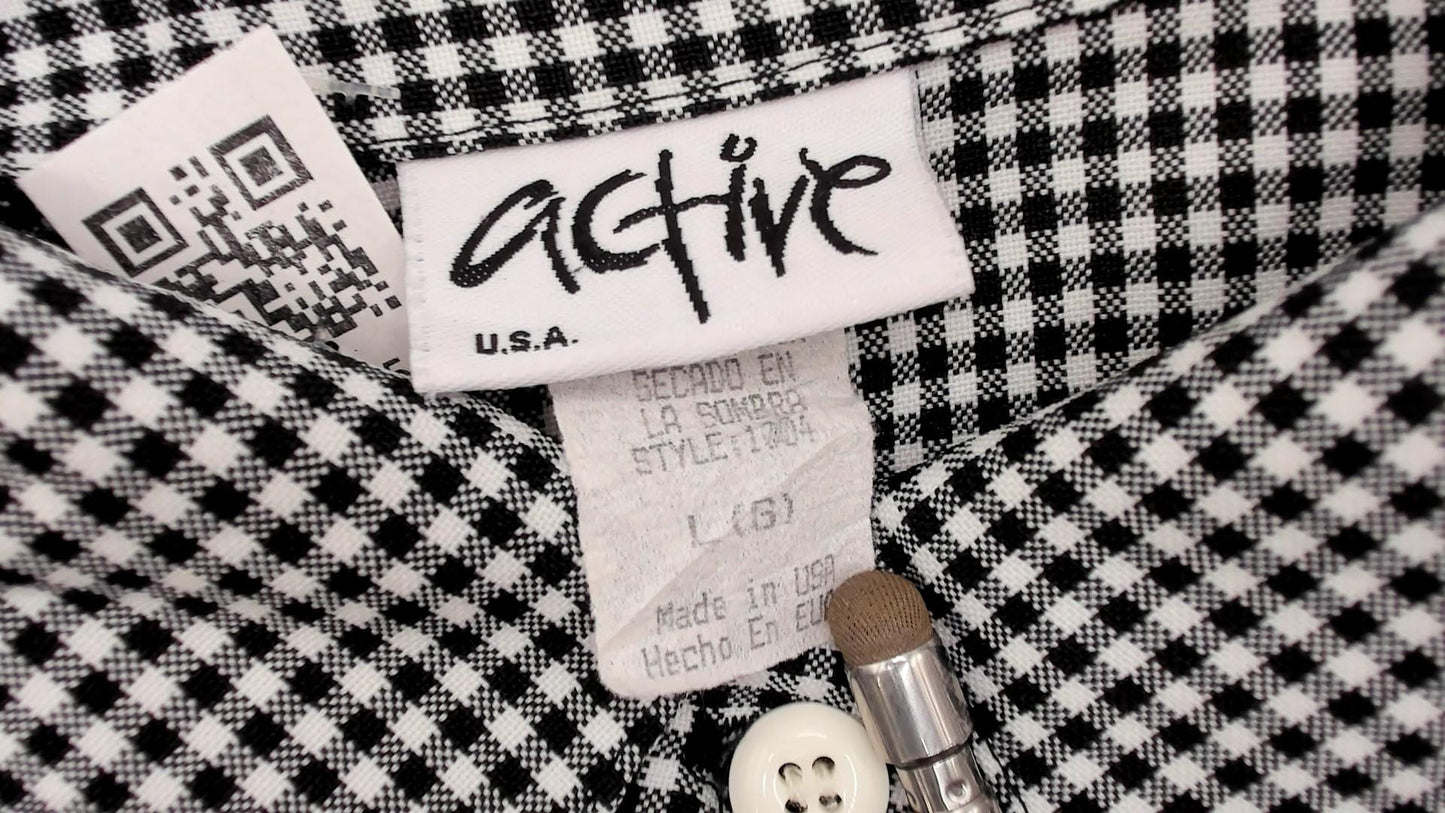 90s Black White Gingham Button-Up Shirt Short Sleeve Collared Blouse Large