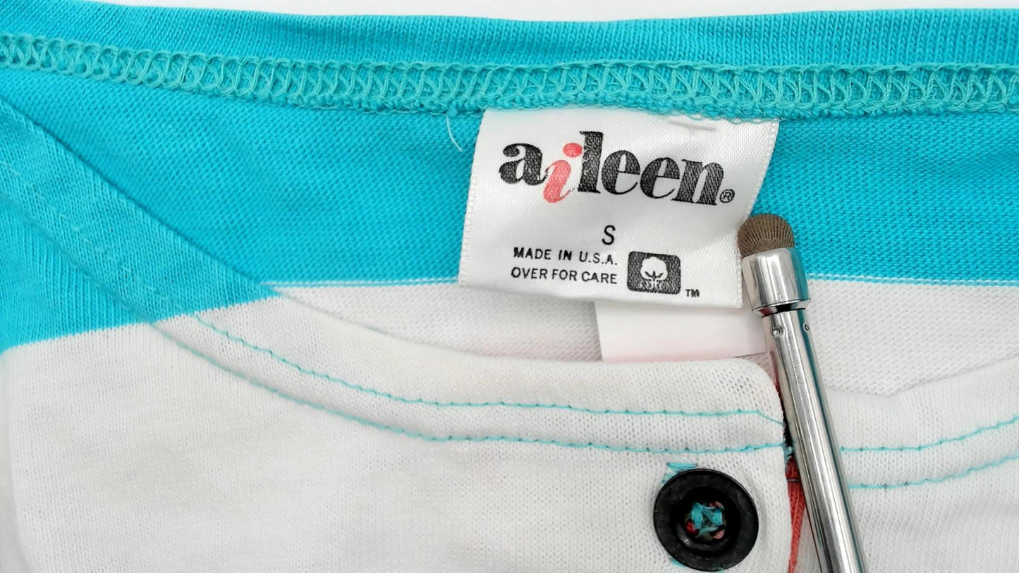 90s Aileen Striped Cotton Shirt Turquoise White Short Sleeve Small