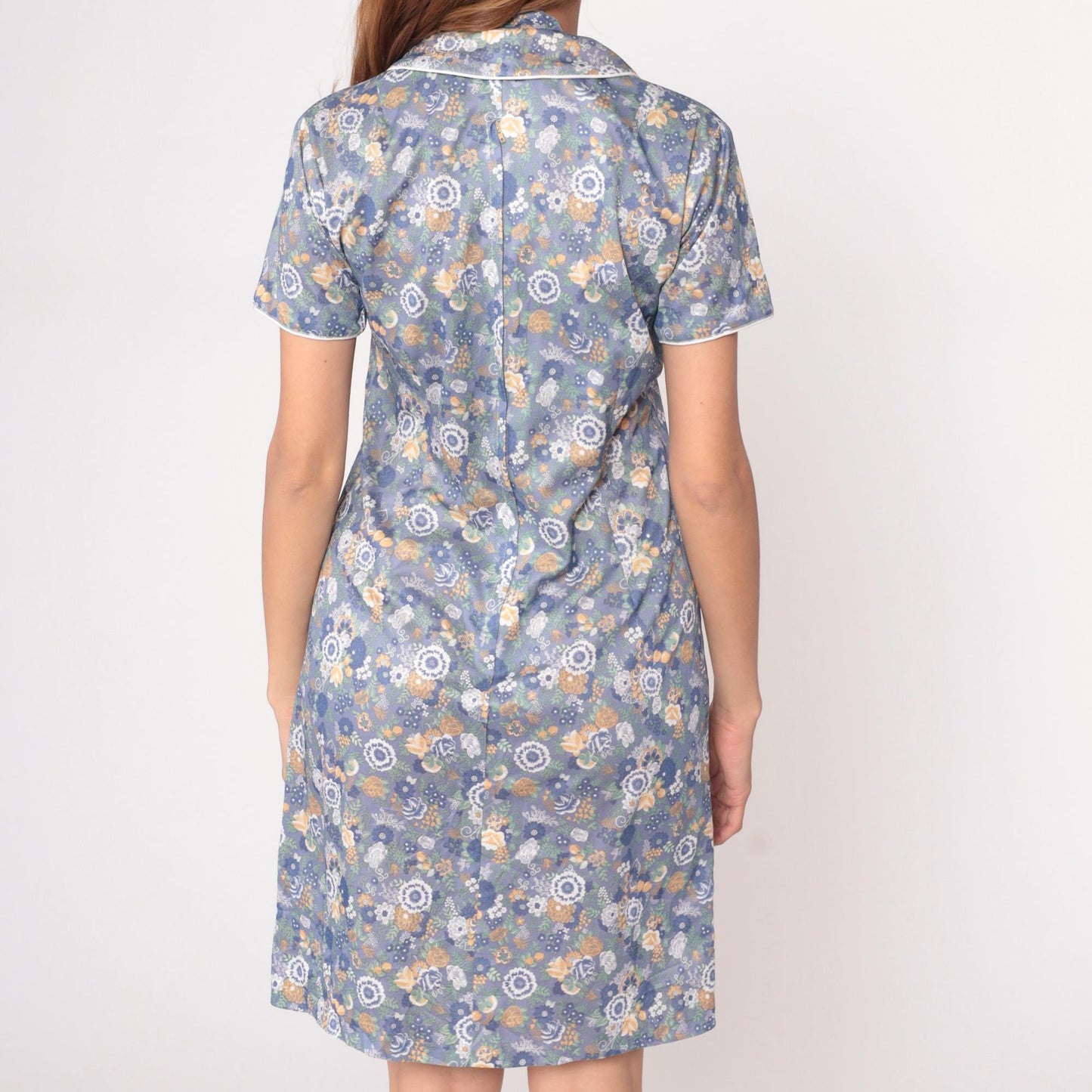 70s Floral Day Dress Blue Knee-Length Button Front Collared Botanical Print Medium