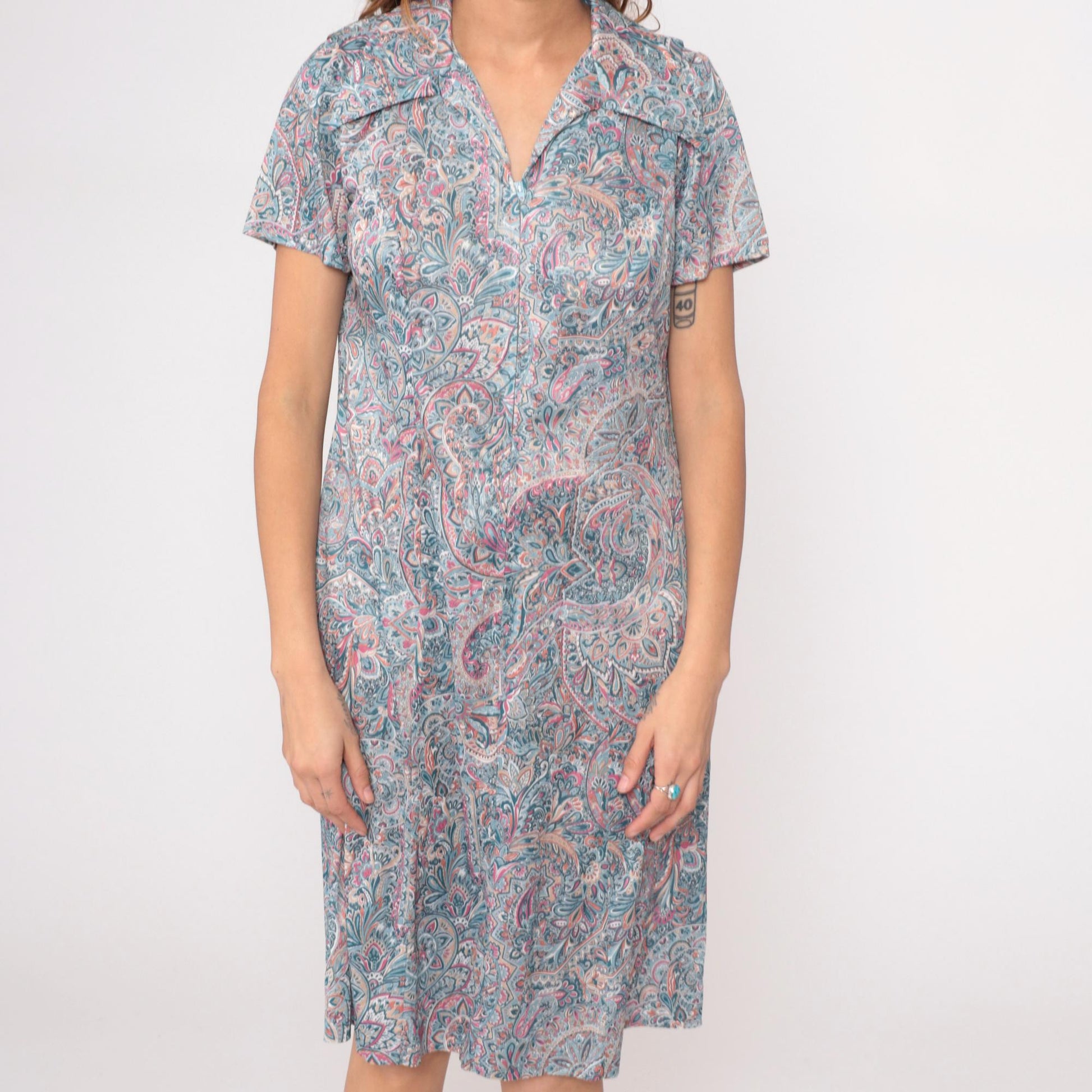 70s Paisley Zipper Front Dress Collared A-Line Blue Pink Cream Large L