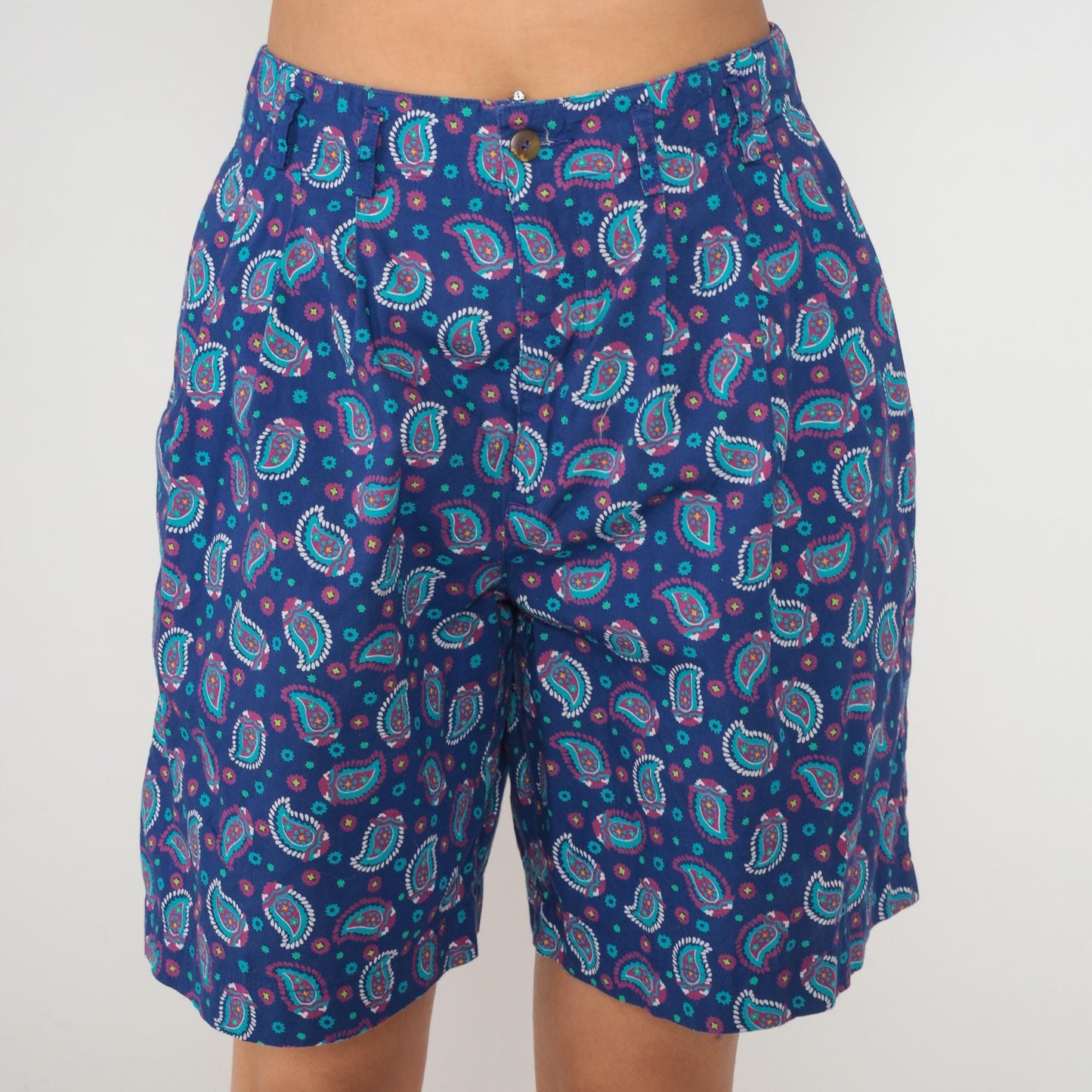 90s Liz Sport Paisley Shorts High Waisted Cotton Navy Medium