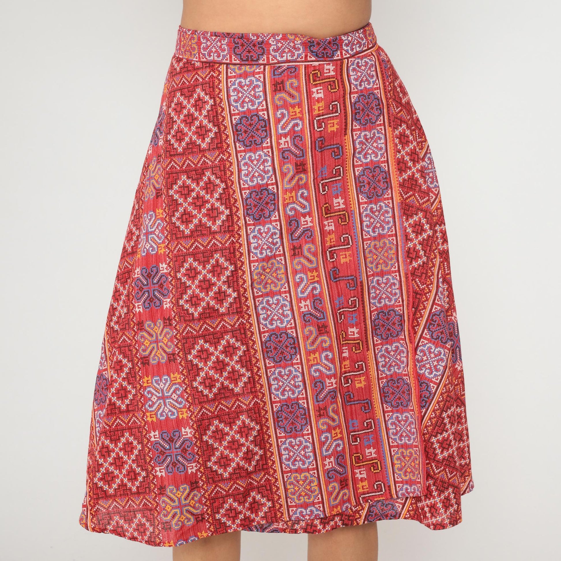 70s Paisley Wrap Skirt Coral Red Ethnic Geometric Print Knee Length Medium