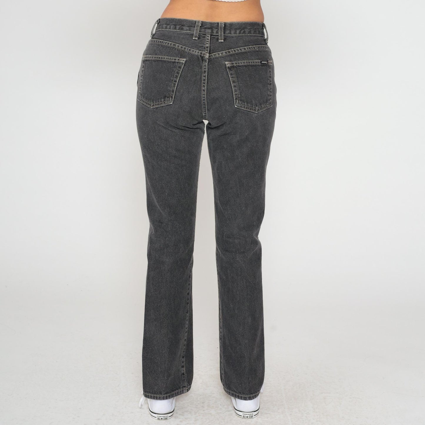 90s Guess Black Straight Leg Jeans High Waist Denim Yellow Stitching Size 29