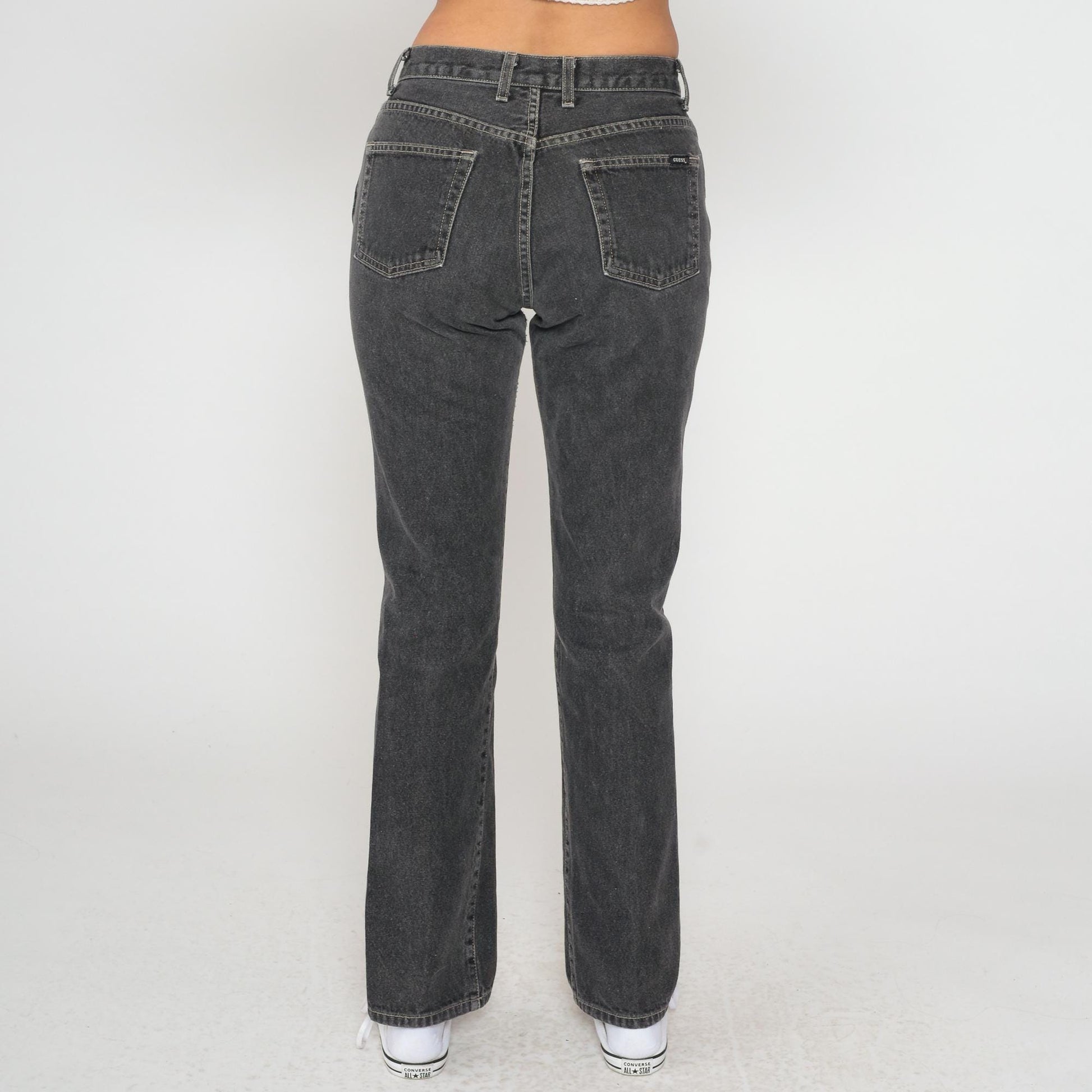 90s Guess Black Straight Leg Jeans High Waist Denim Yellow Stitching Size 29