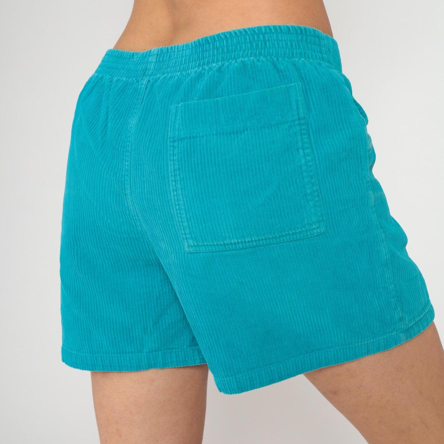 80s Turquoise Corduroy Shorts High Waisted Mini Elastic Waist Large