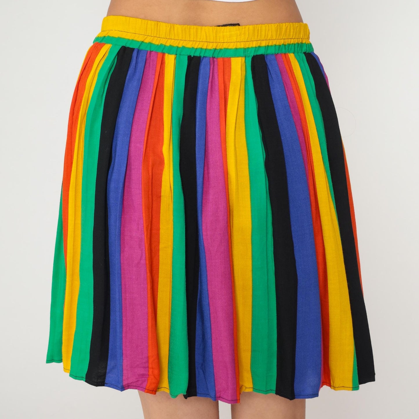 80s Rainbow Stripe Mini Skirt High Waisted Pleated Yellow Green Blue Red Medium M