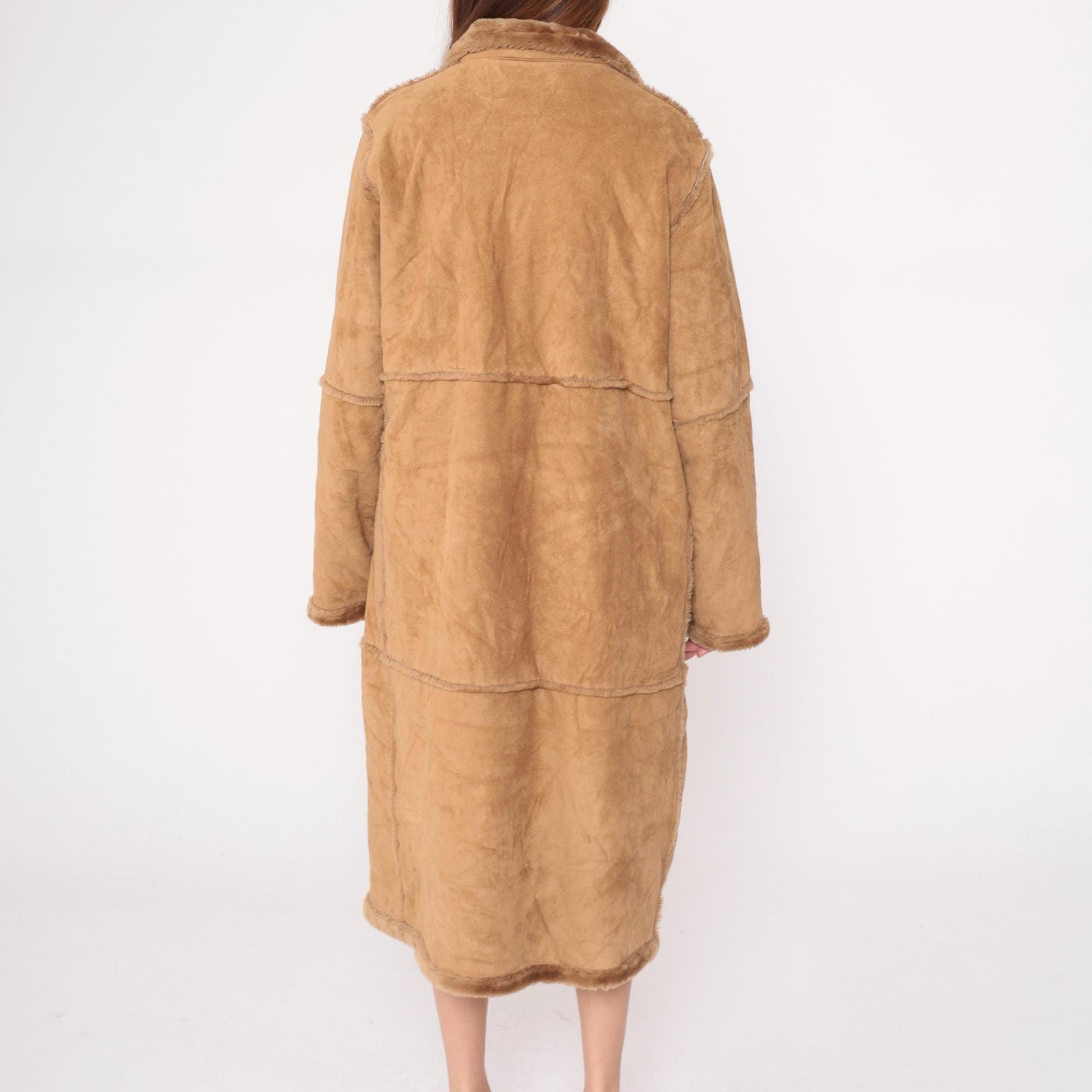 Y2K St Johns Bay Tan Faux Shearling Coat Fur-Trimmed Collar Petite Large