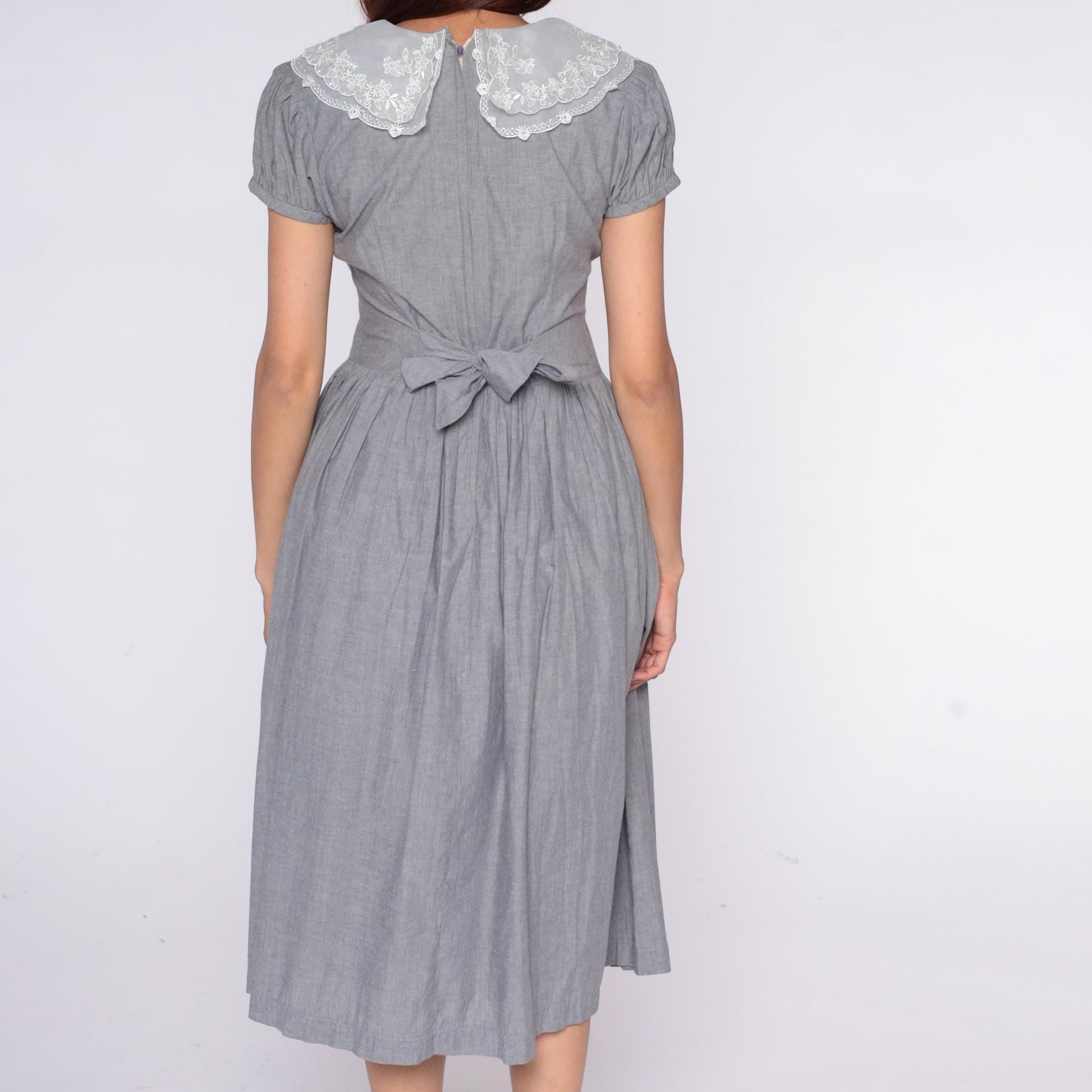 80s Grey Maxi Dress White Lace Collar Puff Sleeve Pintuck Medium M