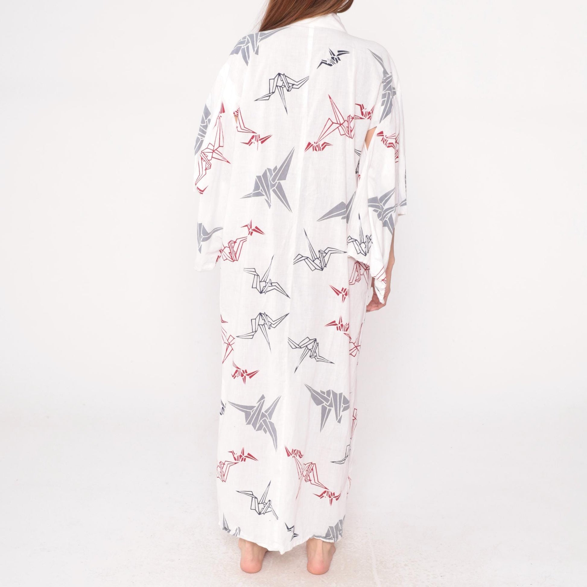 80s White Origami Crane Kimono Robe Maxi Cotton Duster Collared Large