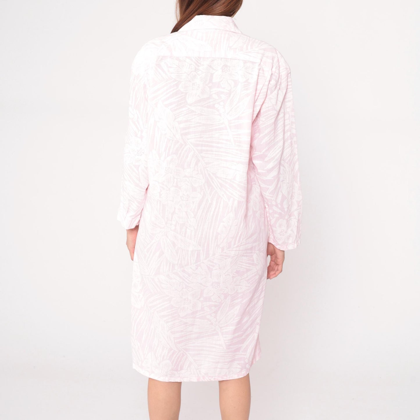 80s Pink Floral Robe Knee-Length Button-Front House Coat Medium