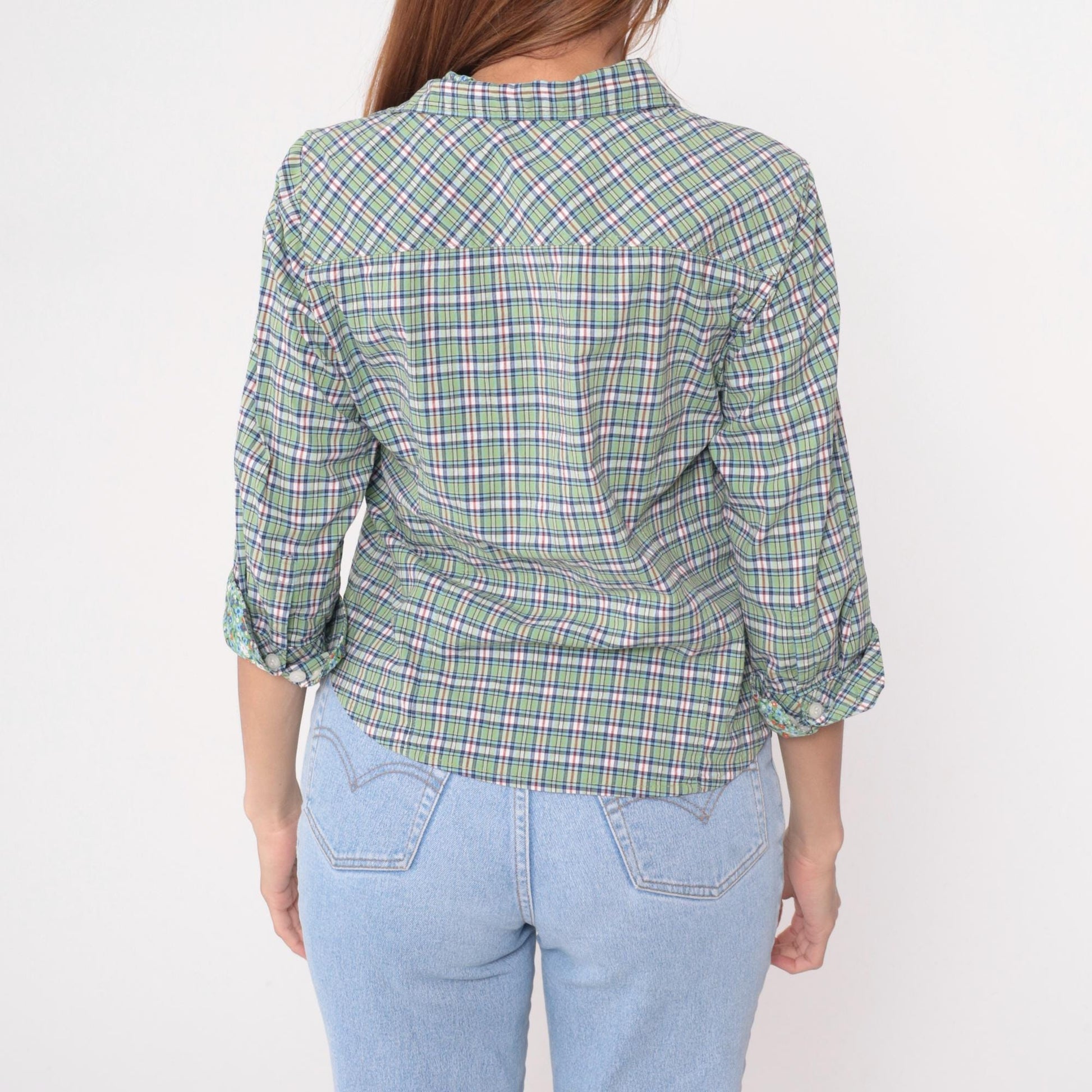 Y2K Talbots Plaid Button-Up Shirt Green Blue Floral Cuff Medium