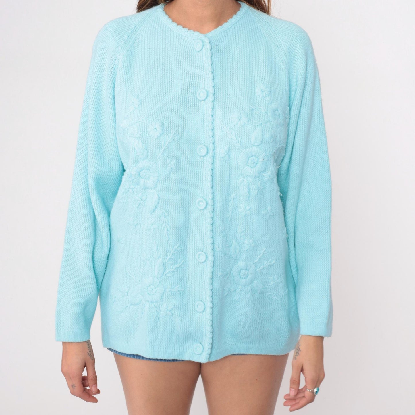 70s Pale Blue Cardigan Embroidered Floral Button Front Knit Medium