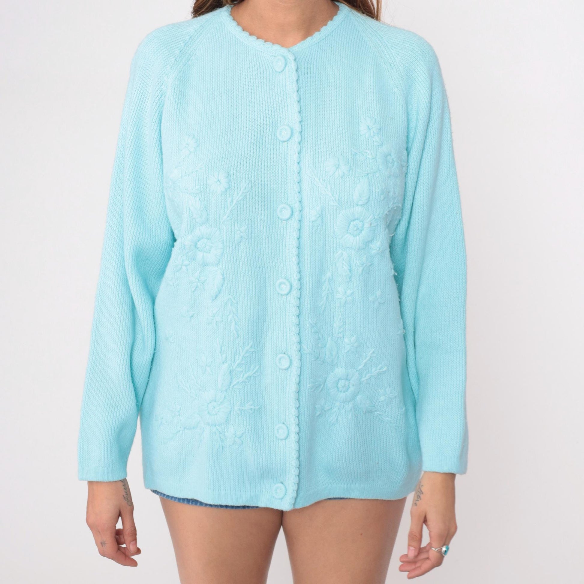 70s Pale Blue Cardigan Embroidered Floral Button Front Knit Medium