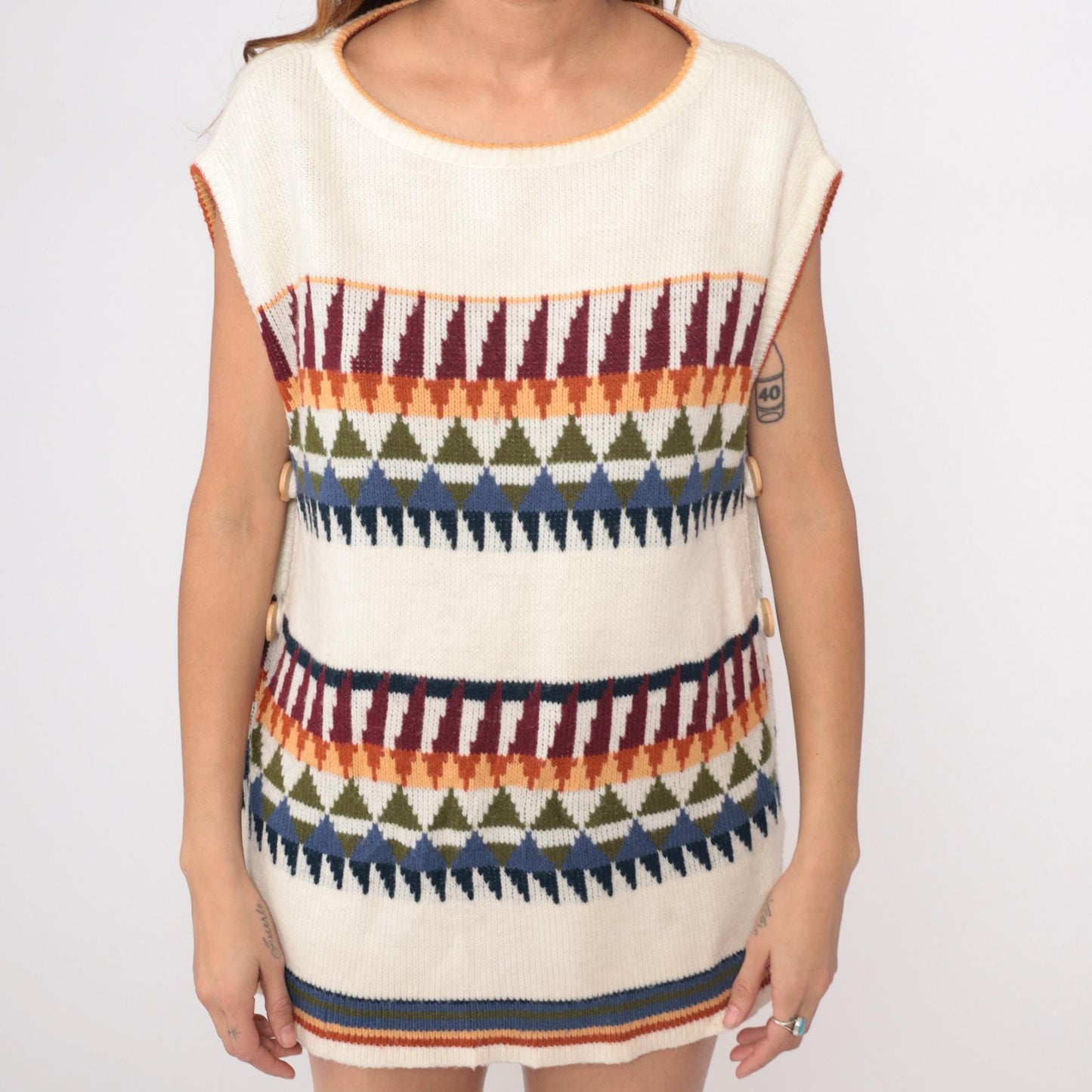 70s Herald Place Geometric Knit Vest Cream Burgundy Orange Blue Large