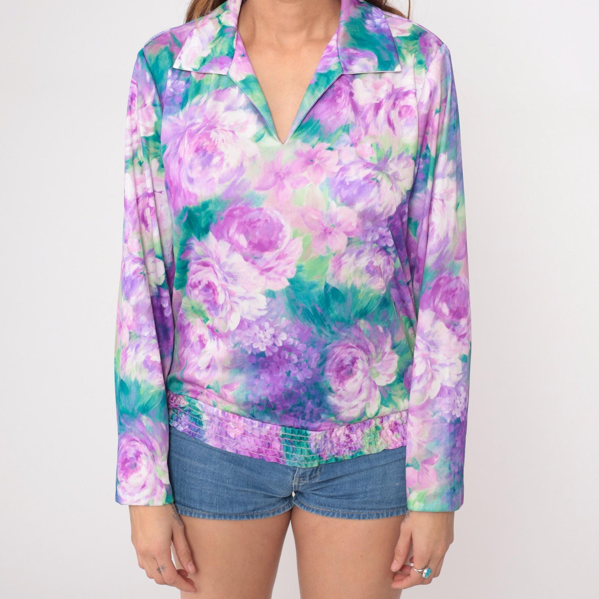 80s Anthony Richards Floral Blouse Purple Lavender Rose Print V-Neck Extra Large