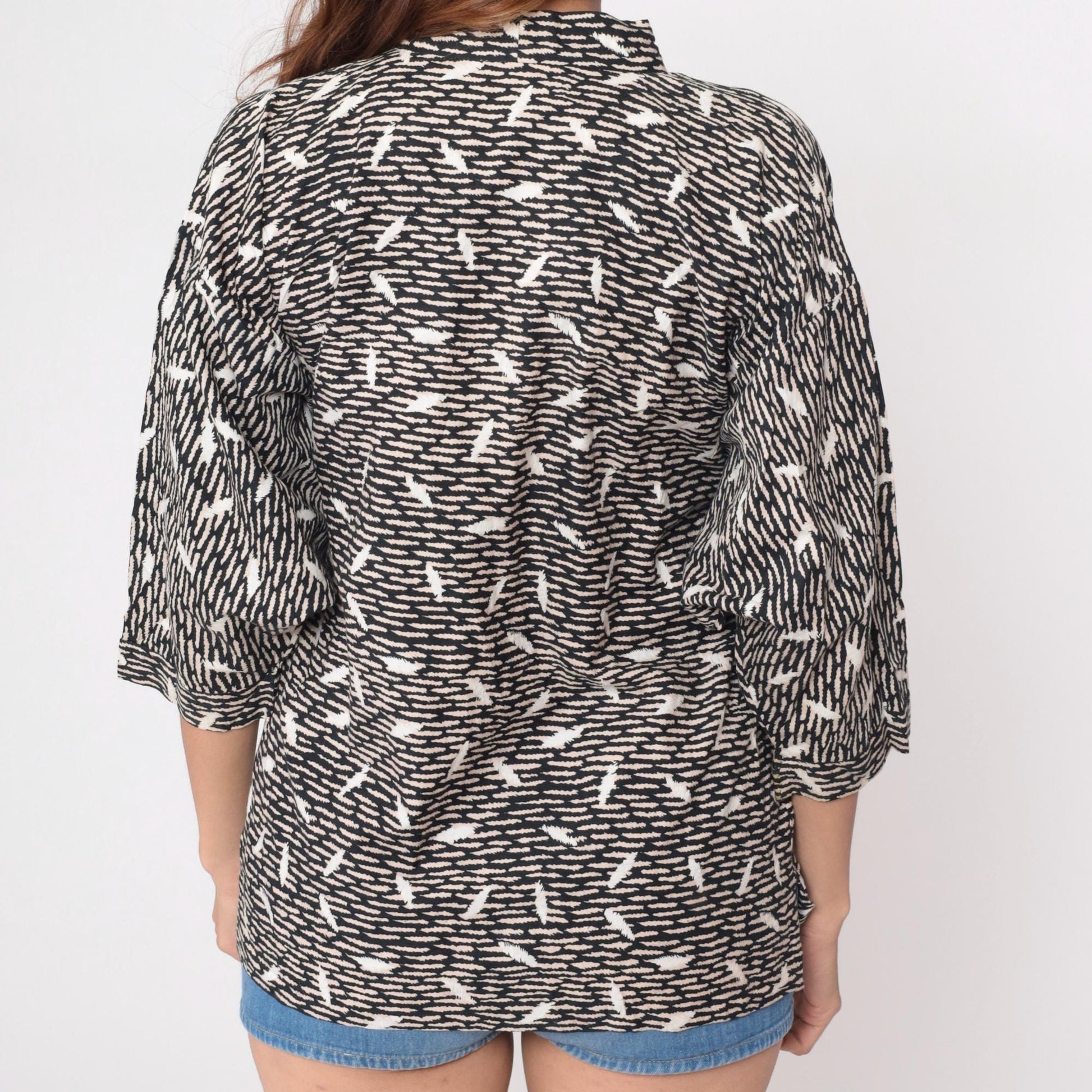 80s Black Cream Abstract Wrap Kimono Blouse Cotton Tie Waist Medium