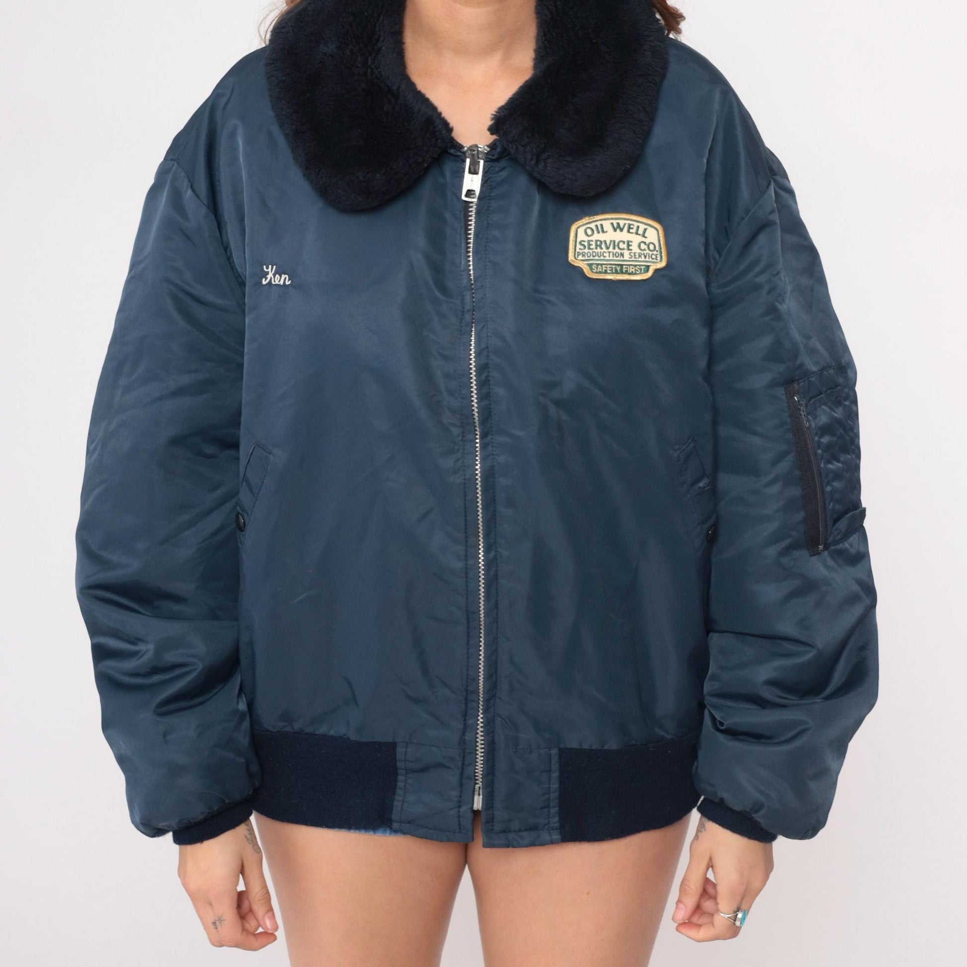 80s Navy Bomber Jacket Oil Well Service Embroidered Ken Patch XXL