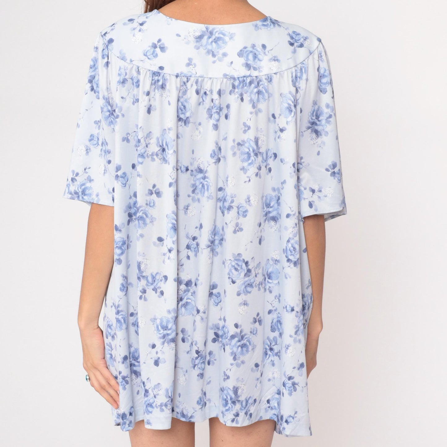90s Blue Floral Nightgown White Peter Pan Collar Short Sleeve Plus Size XXL