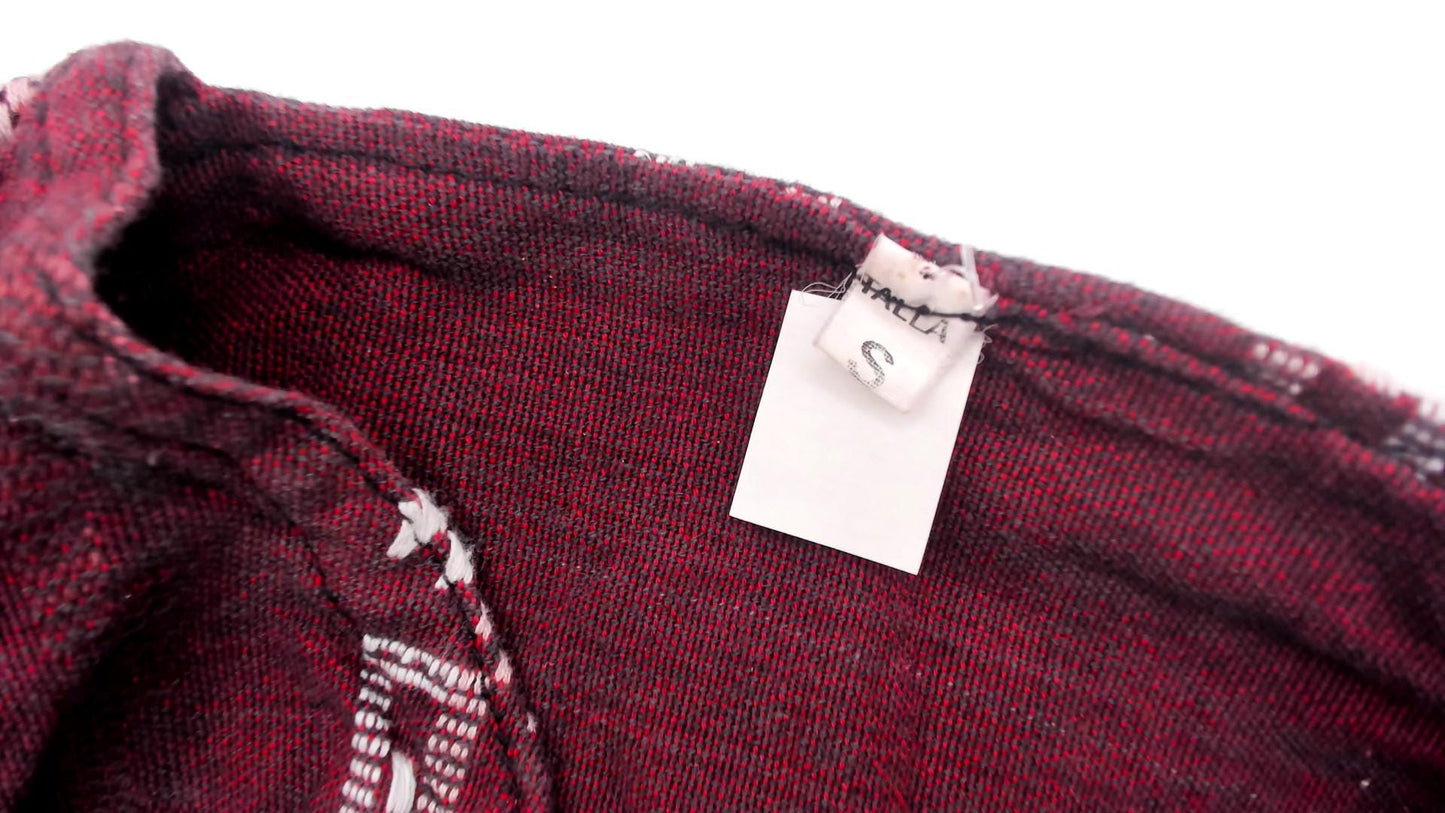 90s Burgundy Embroidered Cotton Blouse V-Neck Geometric Tribal Pattern Small