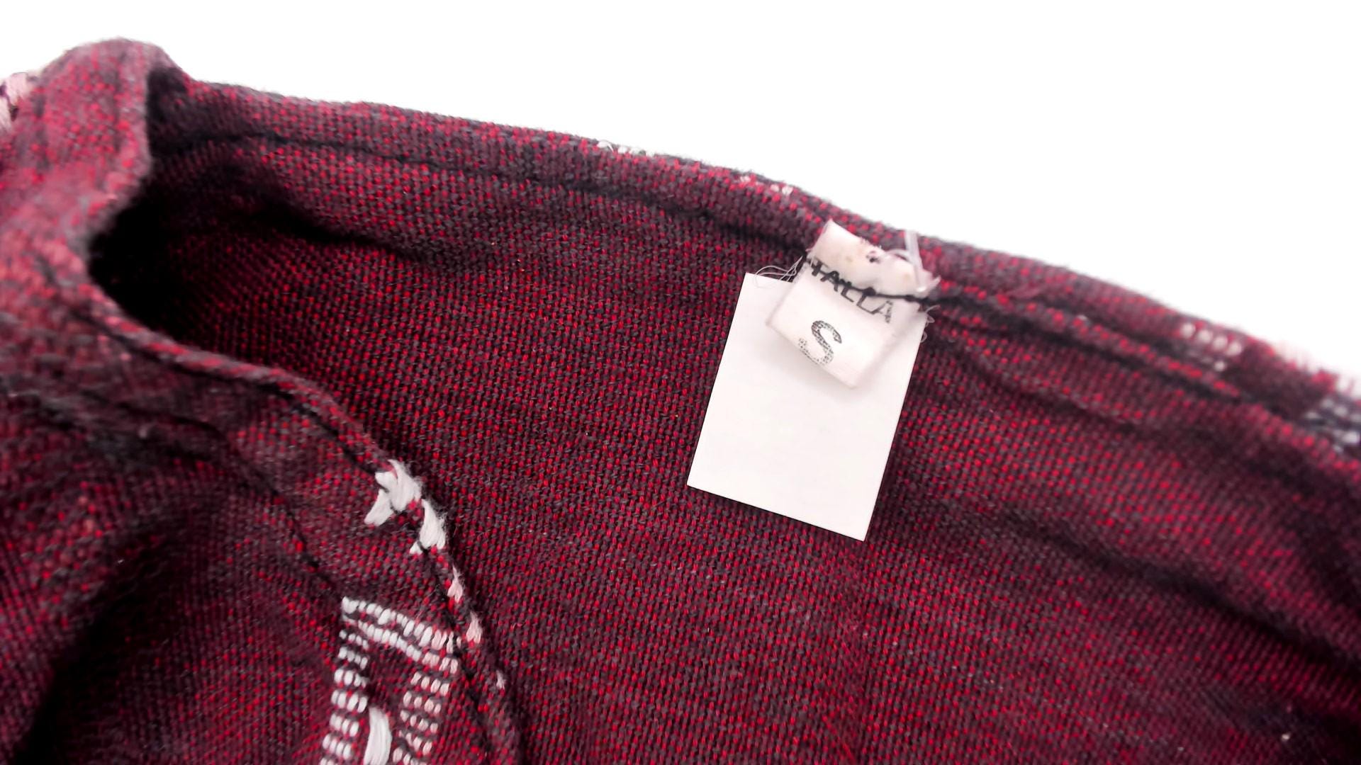 90s Burgundy Embroidered Cotton Blouse V-Neck Geometric Tribal Pattern Small