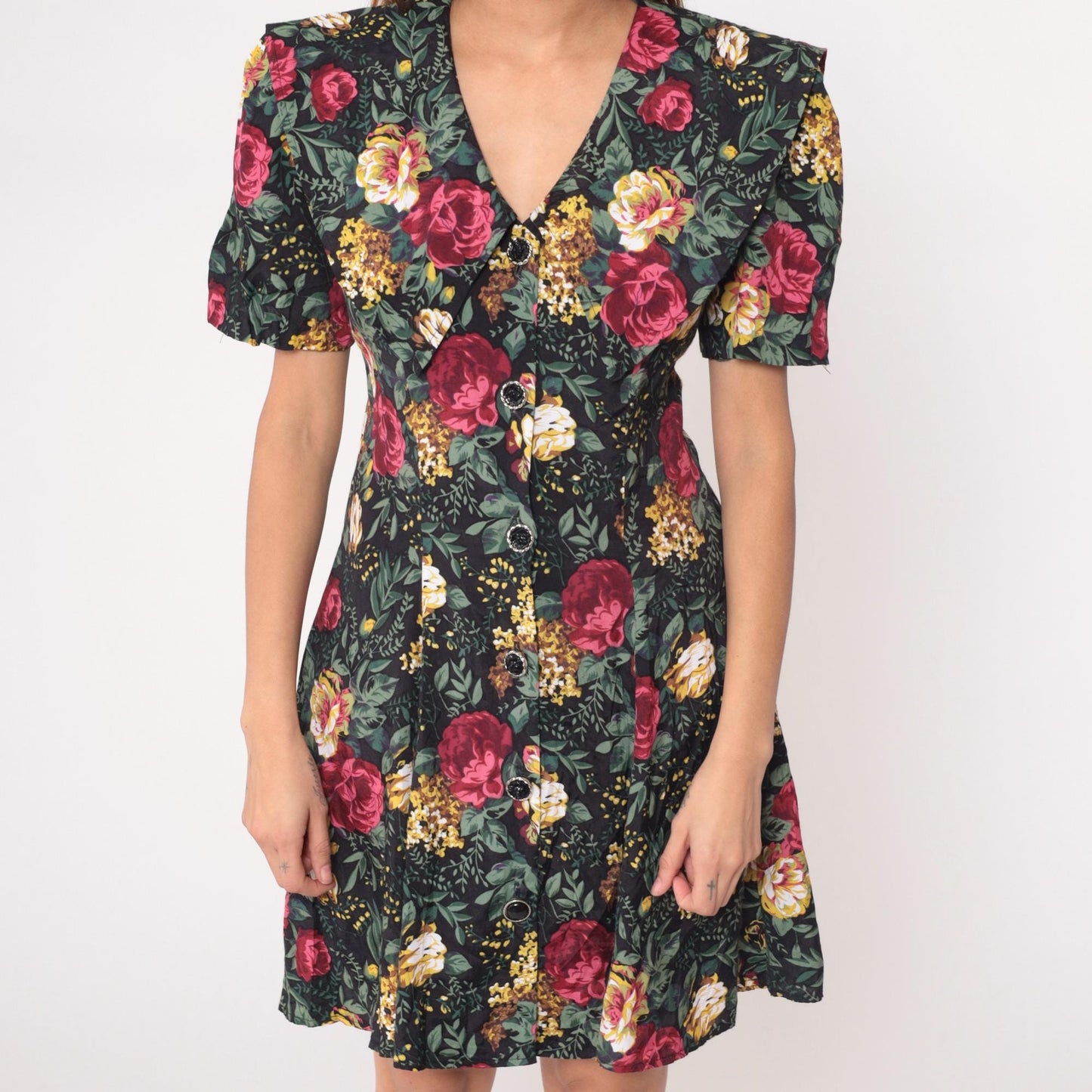 90s All That Jazz Floral Mini Dress Black Button Front V Neck Puff Sleeve Large