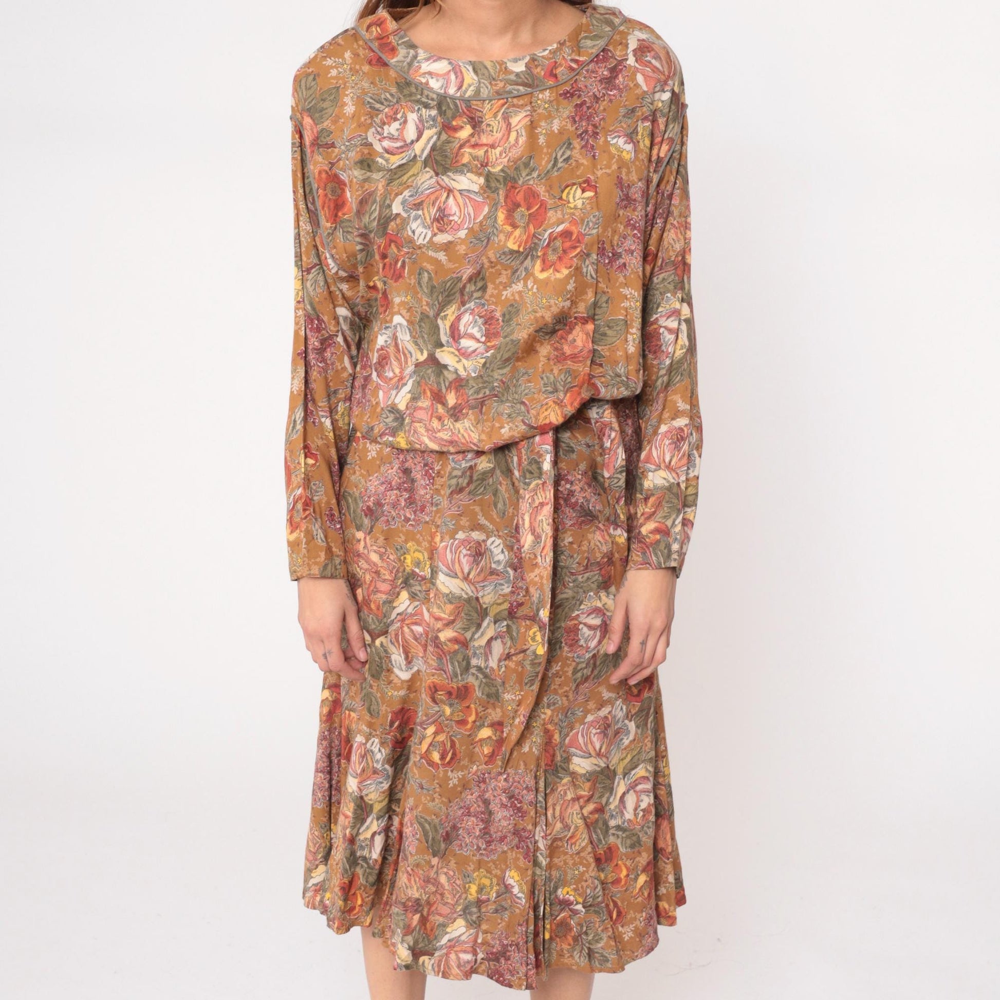 90s Carole Little Floral Midi Dress Long Sleeve Blouson Waist Brown Medium
