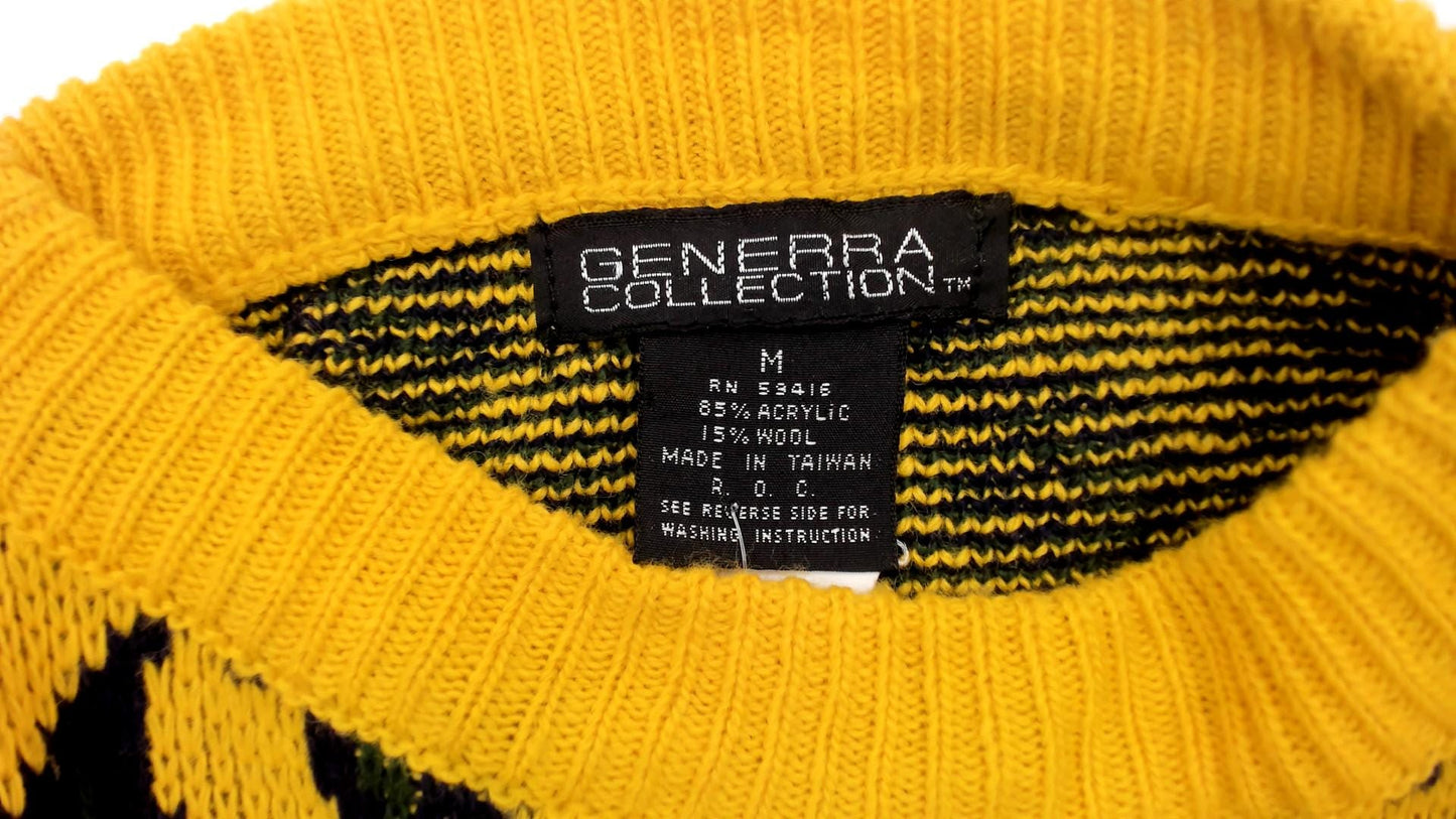 90s Yellow Black Paisley Knit Sweater Crewneck Pullover Medium M