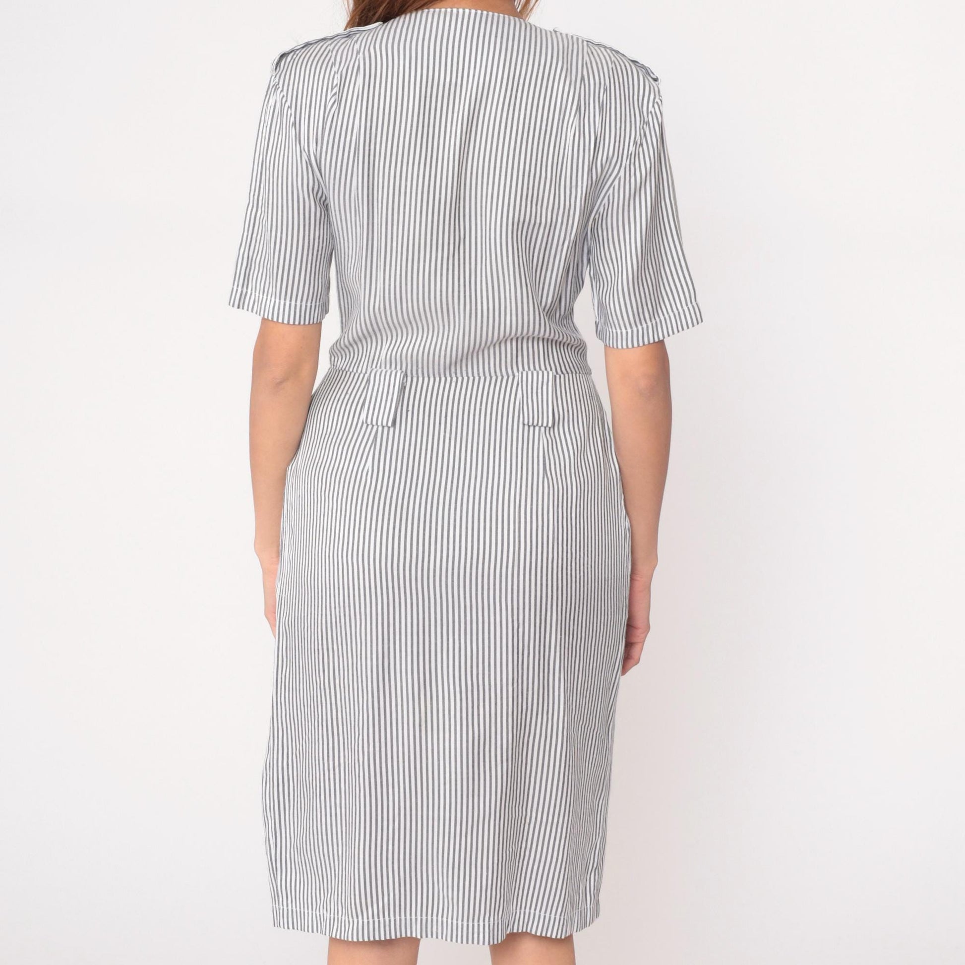90s Pinstriped Blazer Dress Grey White Double Breasted Midi Medium M