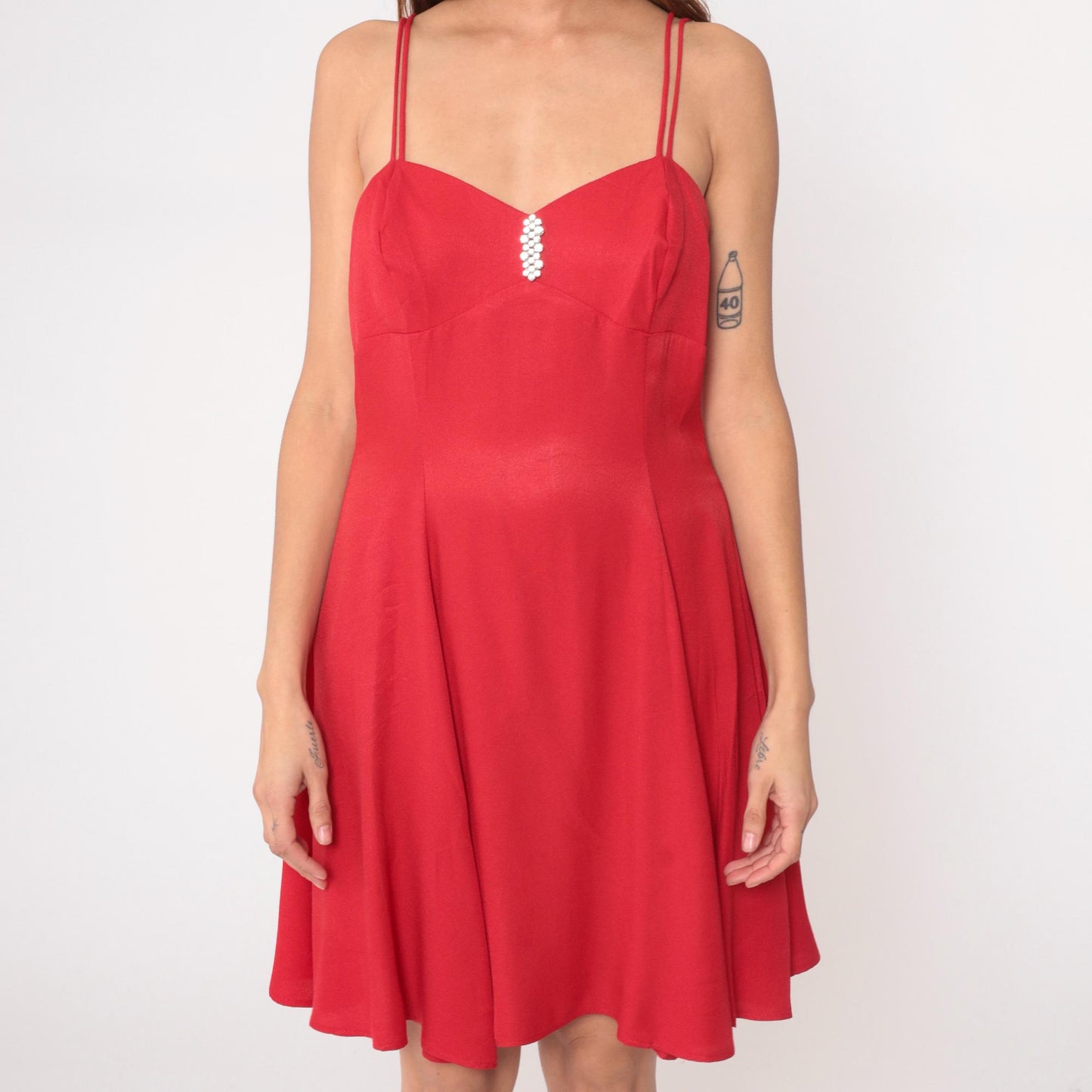 90s Red Mini Dress Sweetheart Neckline Rhinestone Filigree Ltd Medium M