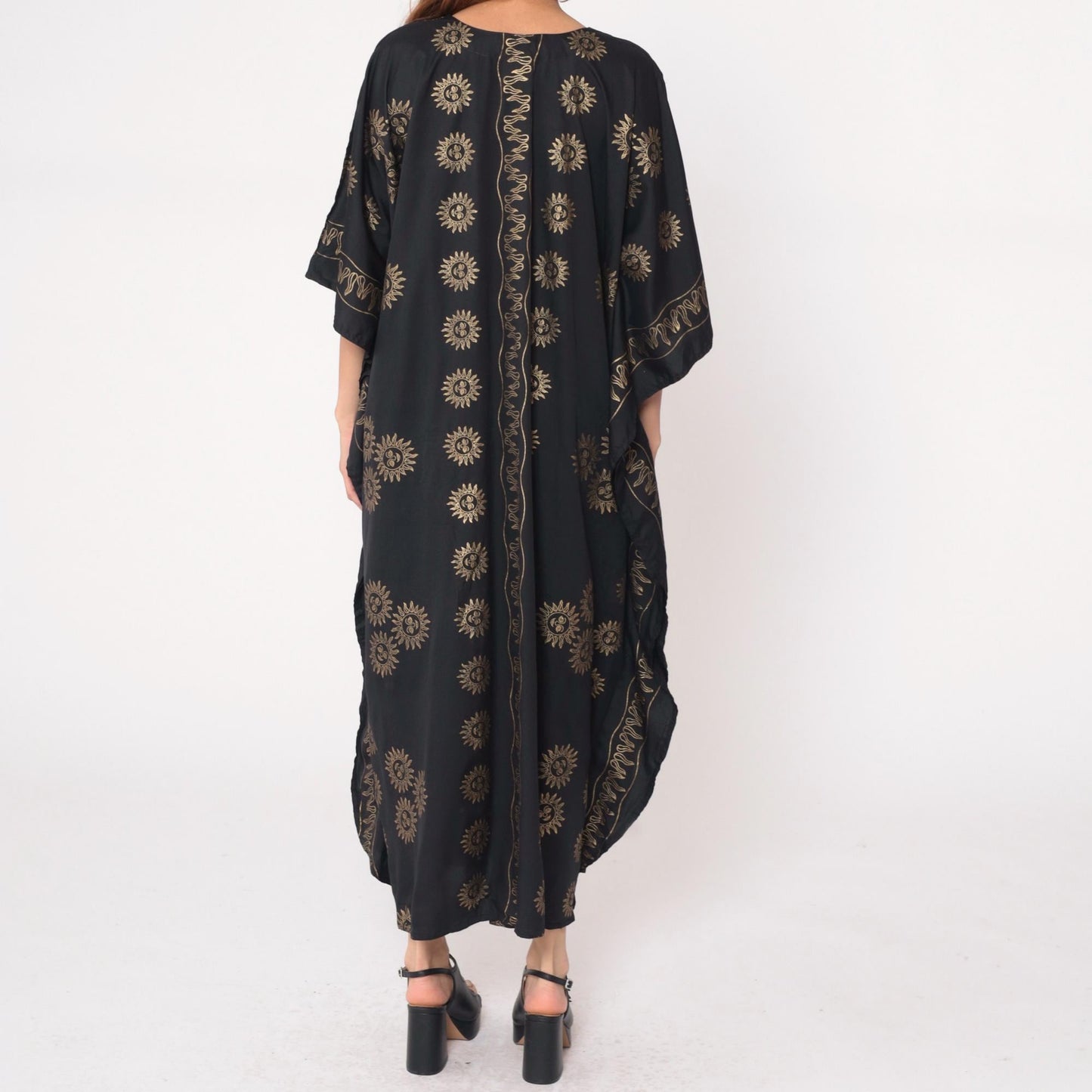 Y2K Black Caftan Sun Yin-Yang Gold Embroidered Kimono Maxi Dress One Size
