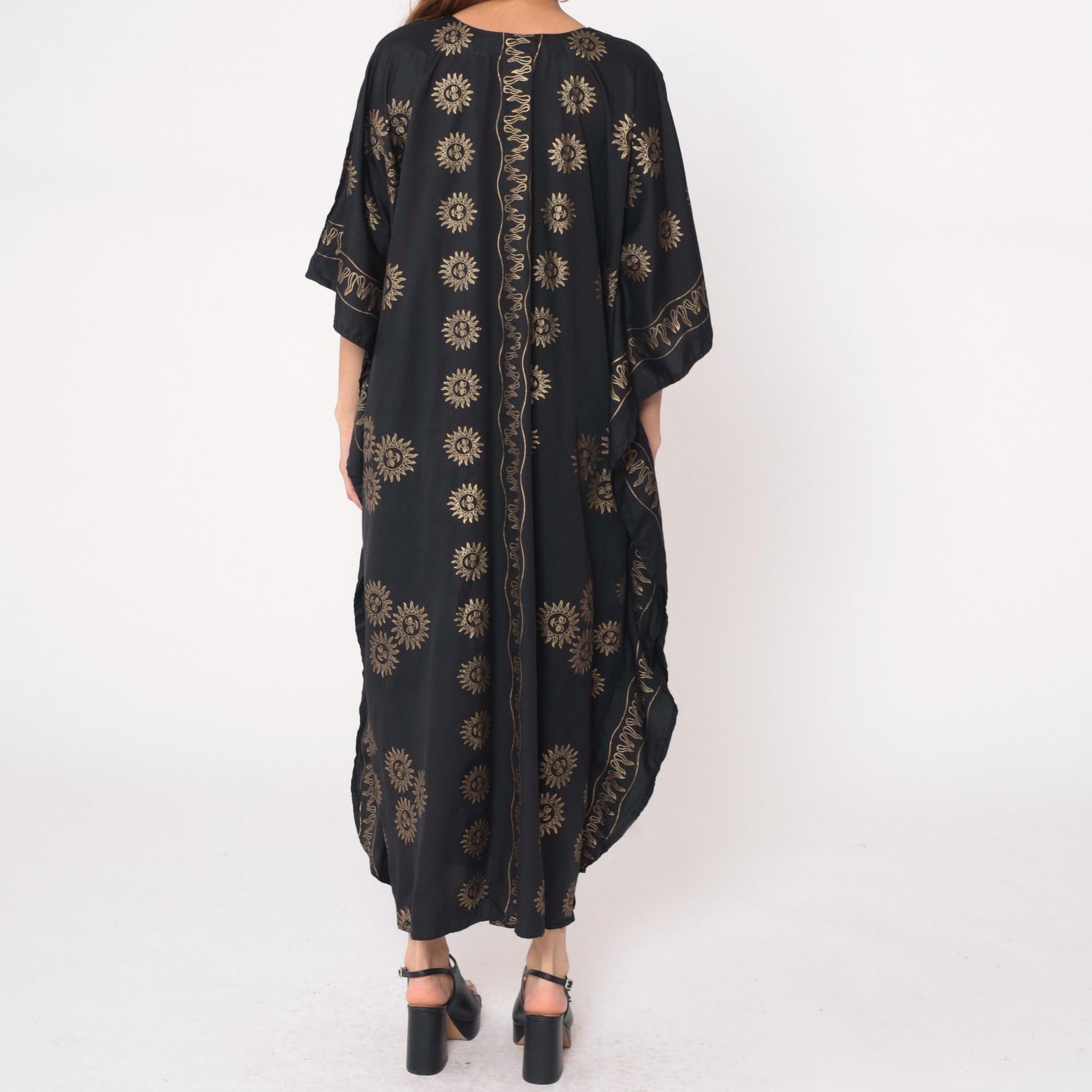 Y2K Black Caftan Sun Yin-Yang Gold Embroidered Kimono Maxi Dress One Size