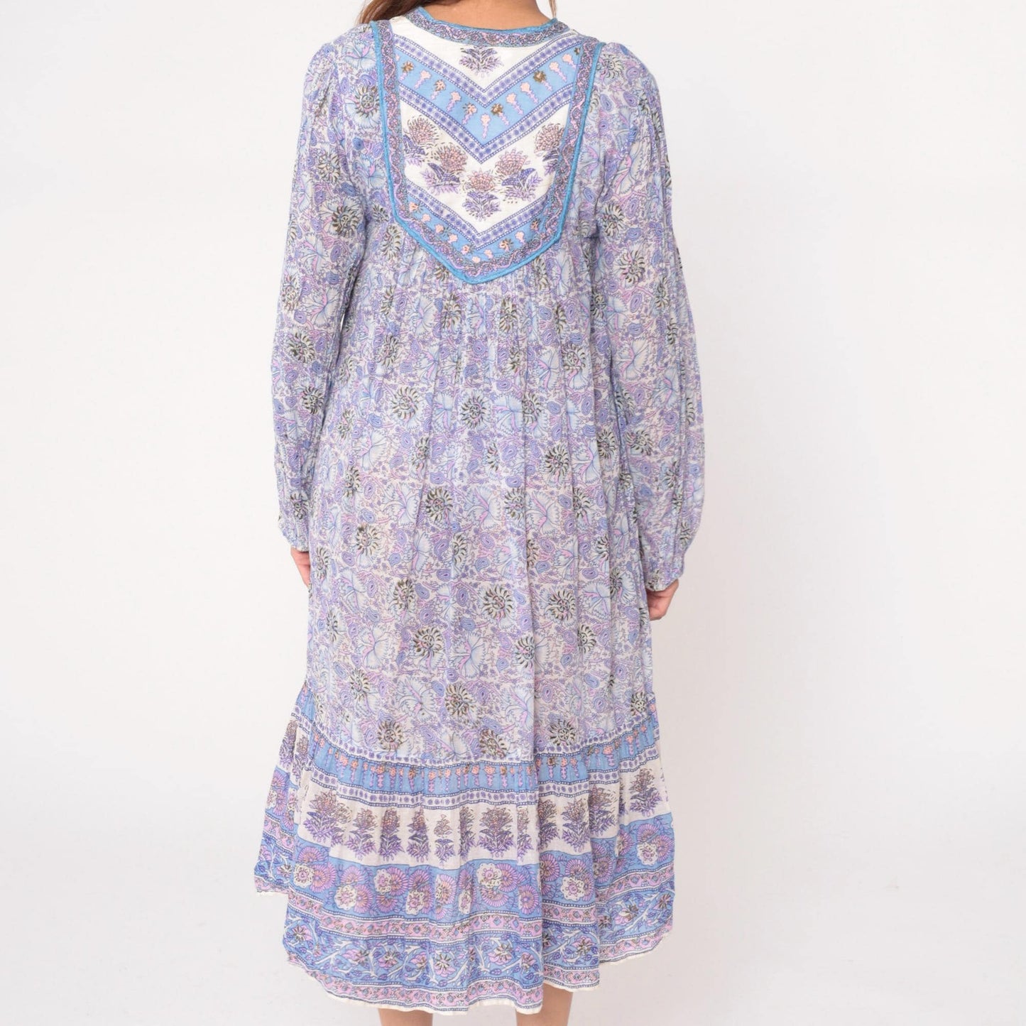 90s Taja Purple Paisley Maxi Dress Beaded Yoke Cotton Floral Large L
